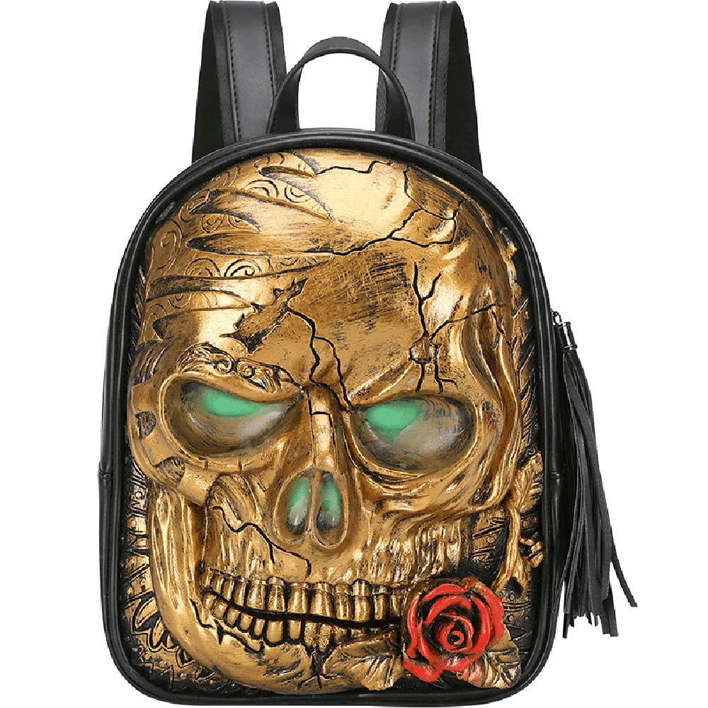 3D Skull With Rose Backpack ,3D Skull With Glowing Green Eyes