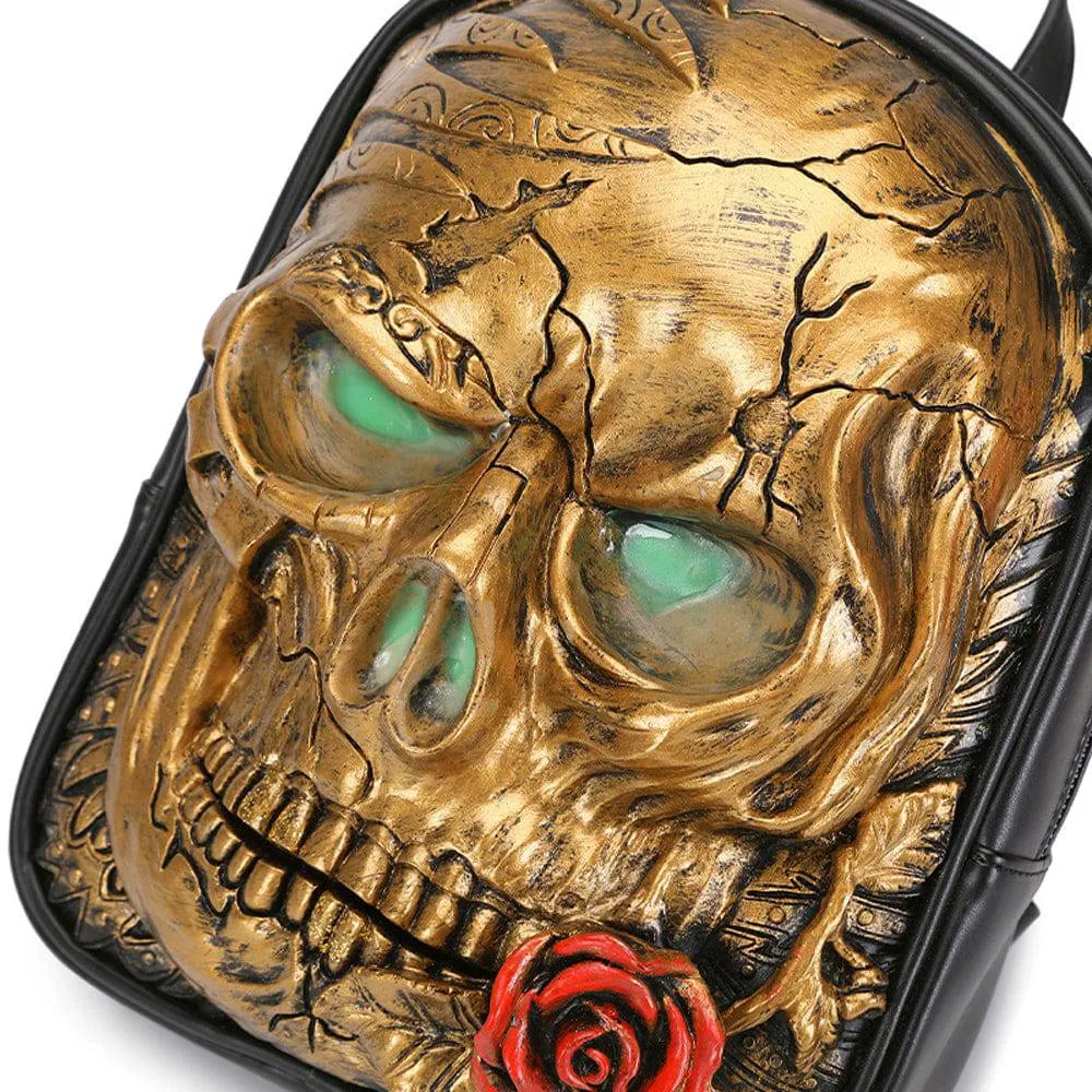 3D Skull With Rose Backpack ,3D Skull With Glowing Green Eyes