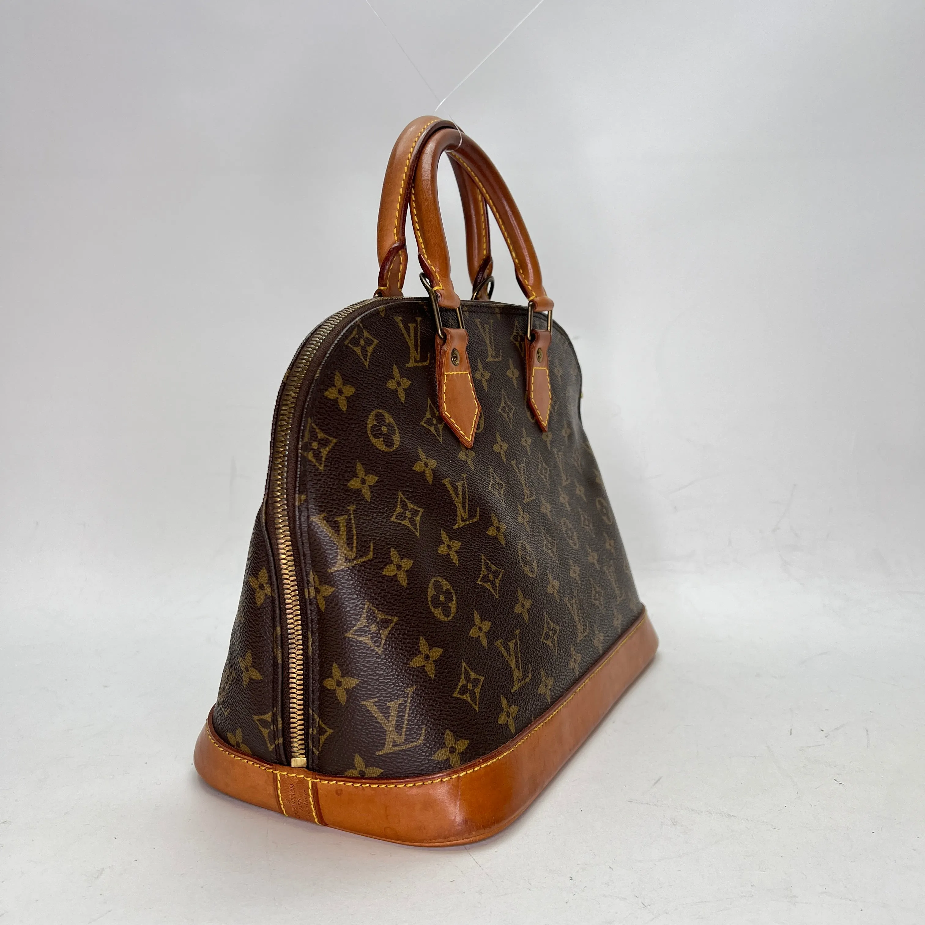 Alma PM Brown Top Handle Bag in Monogram Coated Canvas, Gold hardware