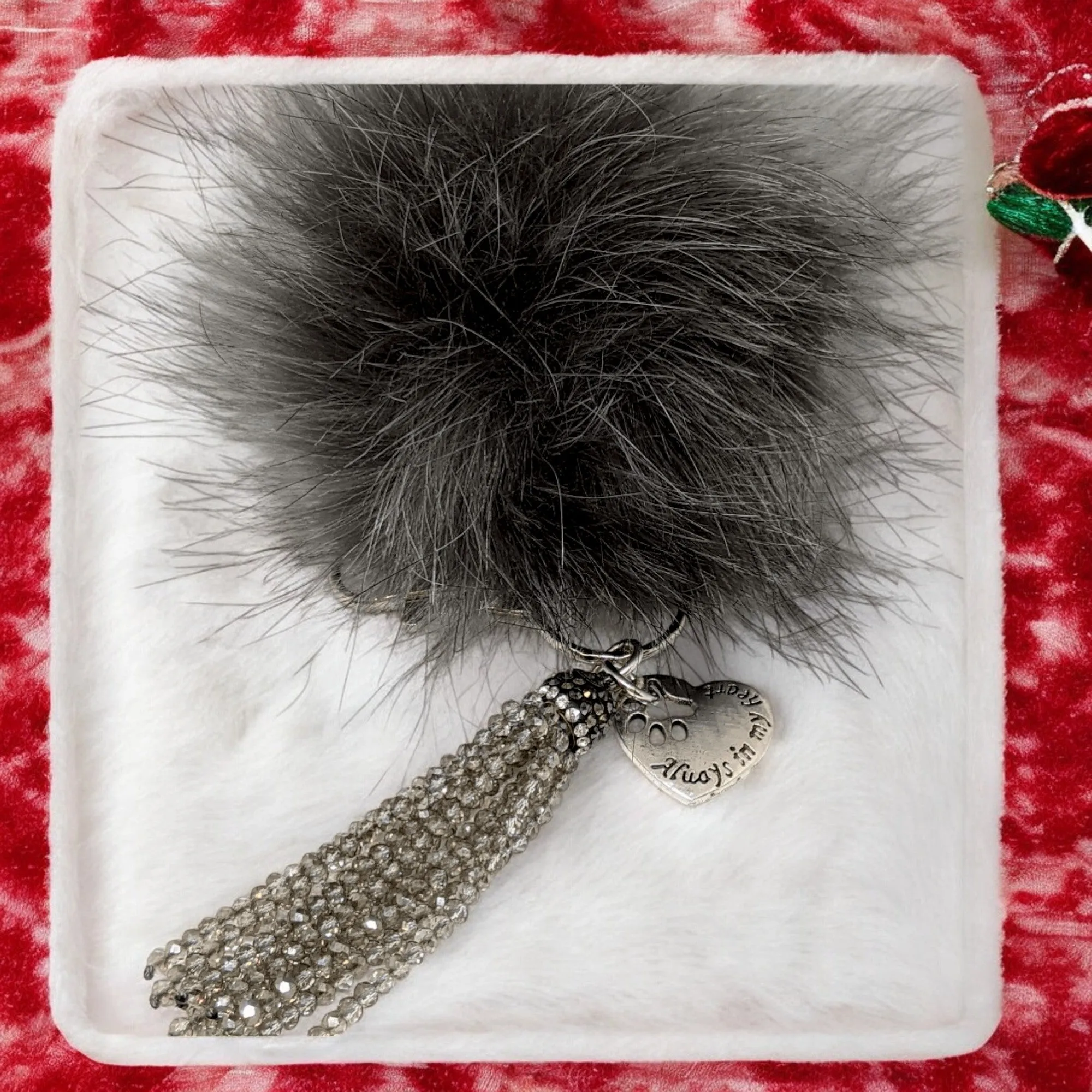 Always in My Heart Keychain/ Faux Fur Pom Pom and charm Key Chain-Purse Charm/Journal Charm