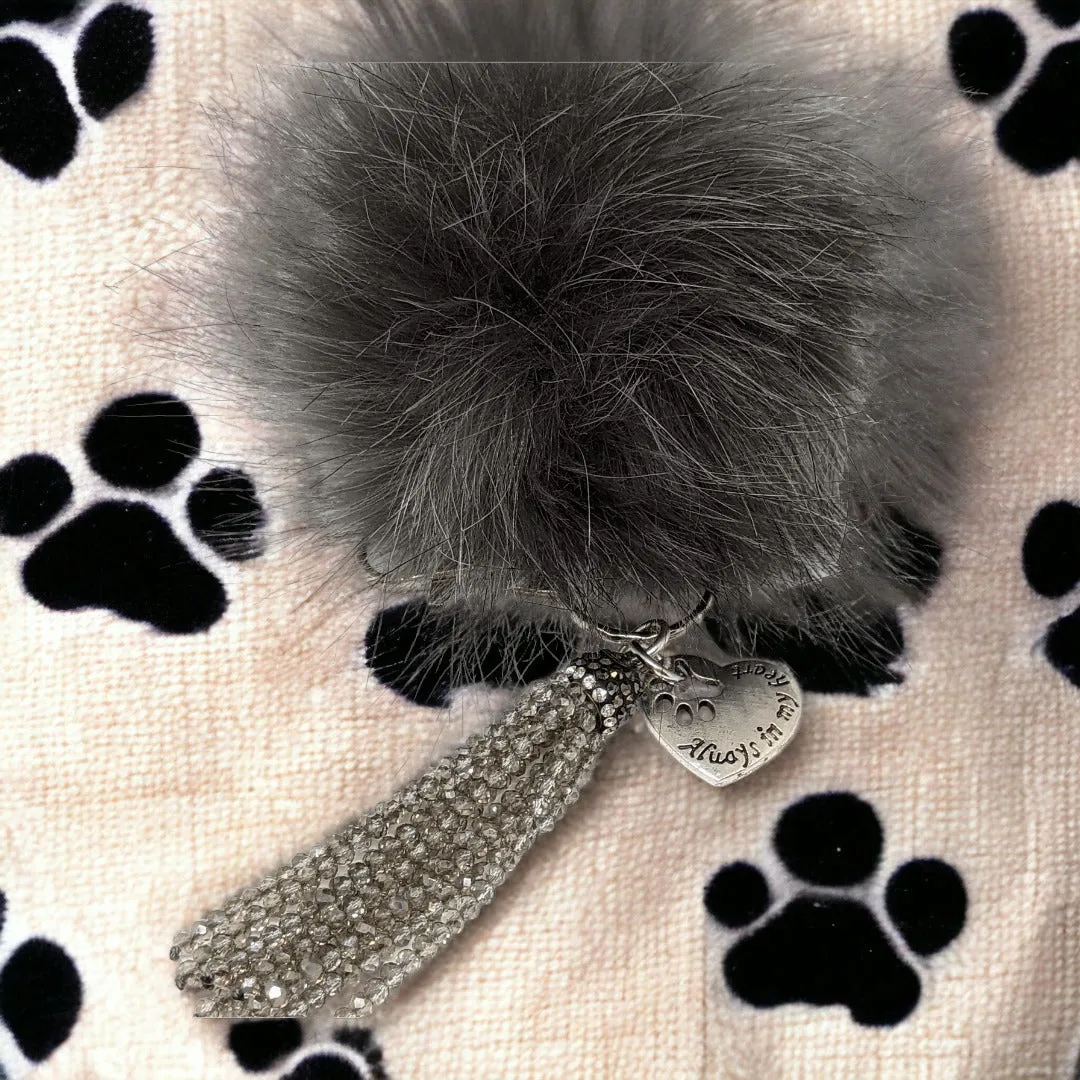 Always in My Heart Keychain/ Faux Fur Pom Pom and charm Key Chain-Purse Charm/Journal Charm