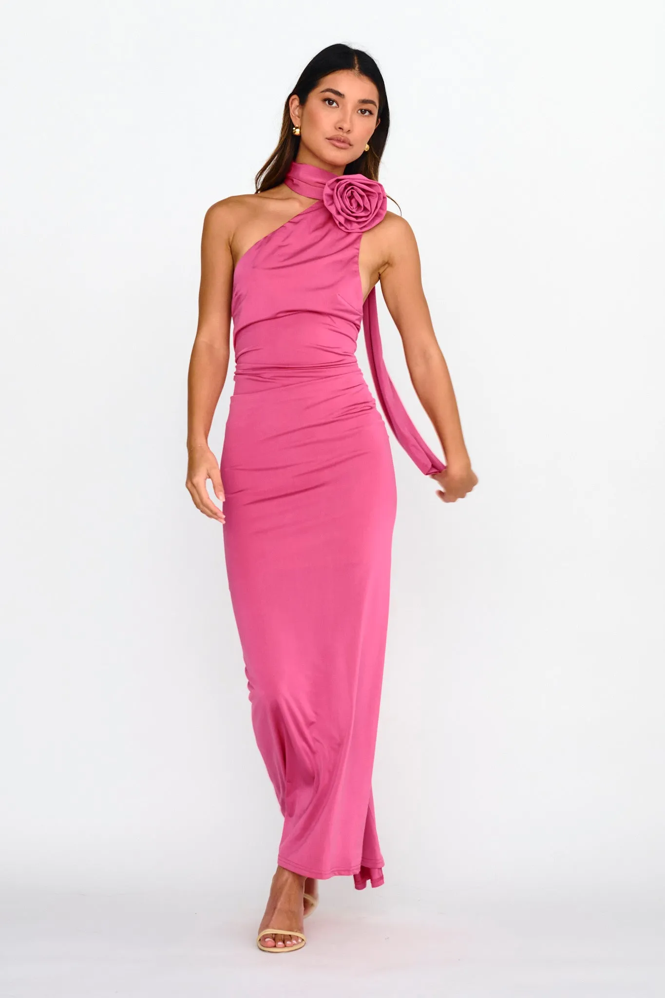 Amora Rose Halterneck Maxi Dress Hot Pink