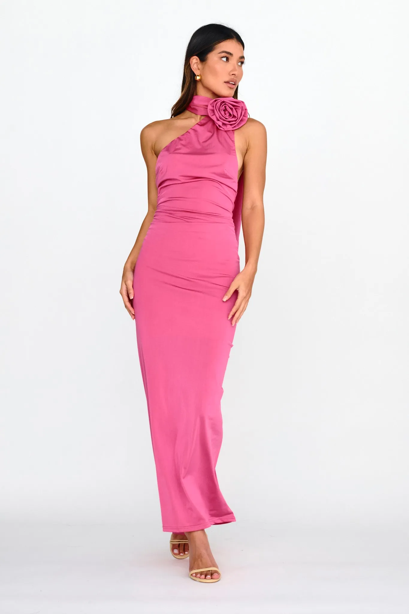 Amora Rose Halterneck Maxi Dress Hot Pink