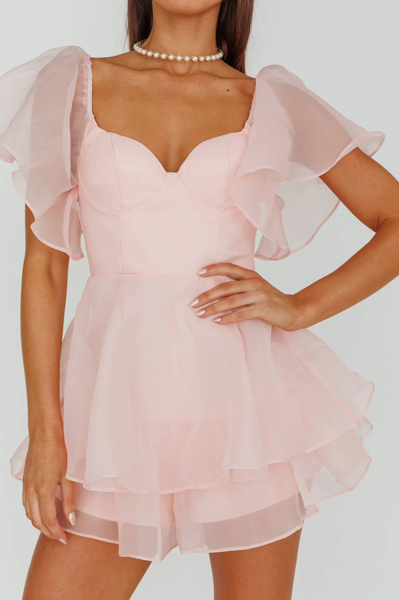 Aphrodite Angel Sleeve Layered Romper Pink