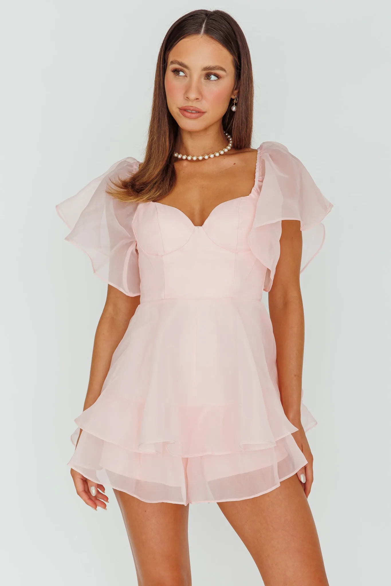 Aphrodite Angel Sleeve Layered Romper Pink