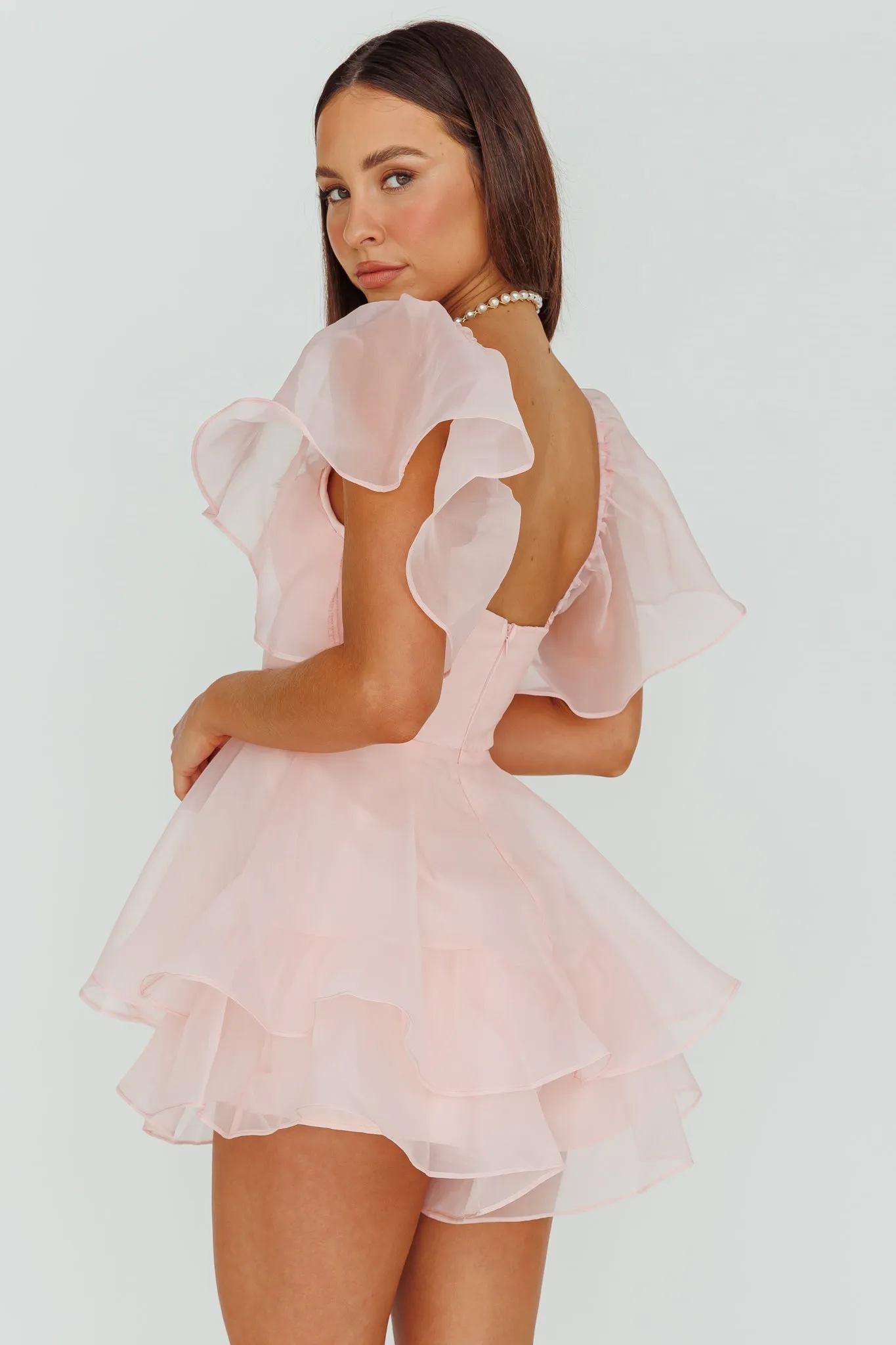 Aphrodite Angel Sleeve Layered Romper Pink