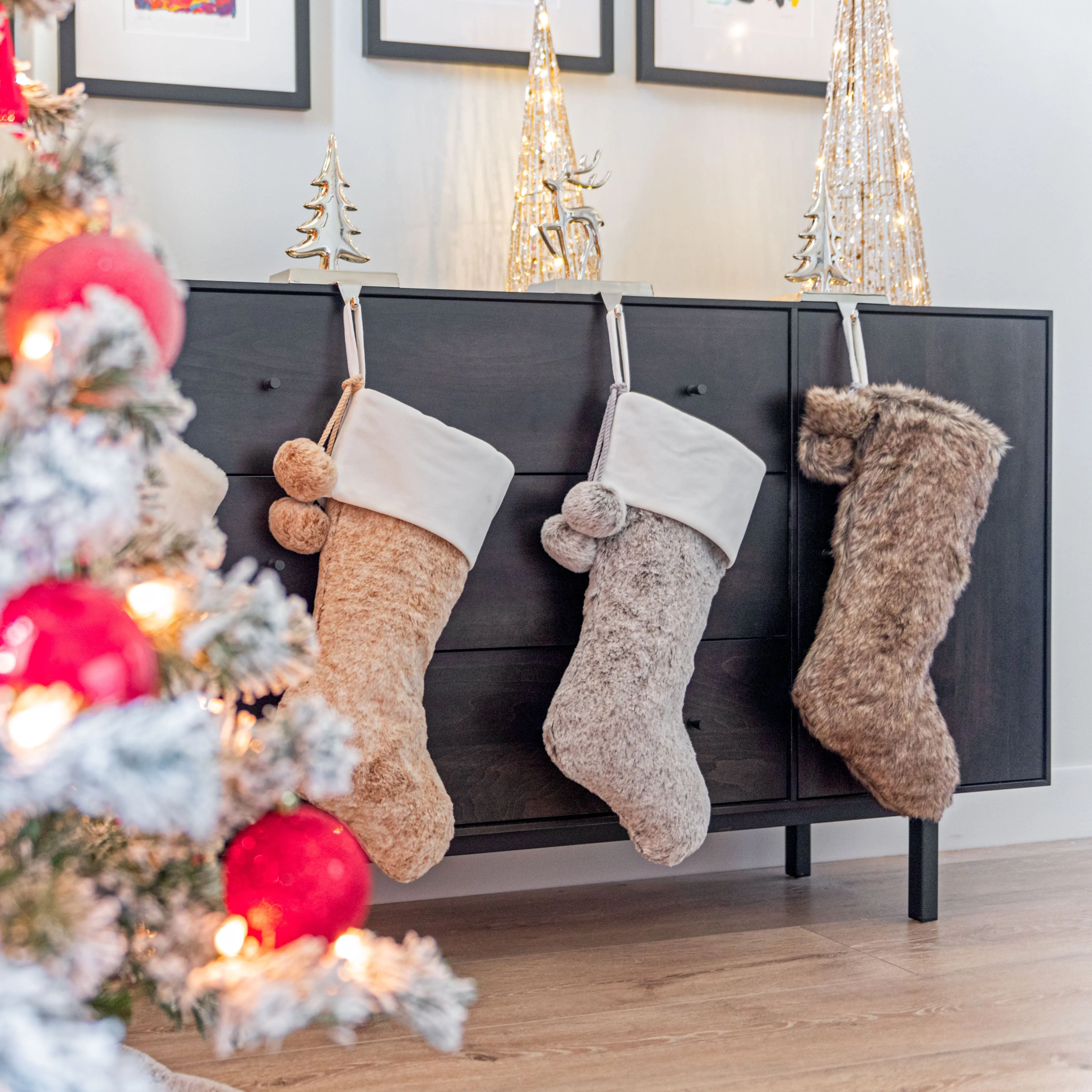 Arctic Grey Faux Fur Stocking with White Velvet Cuff and Pom Poms