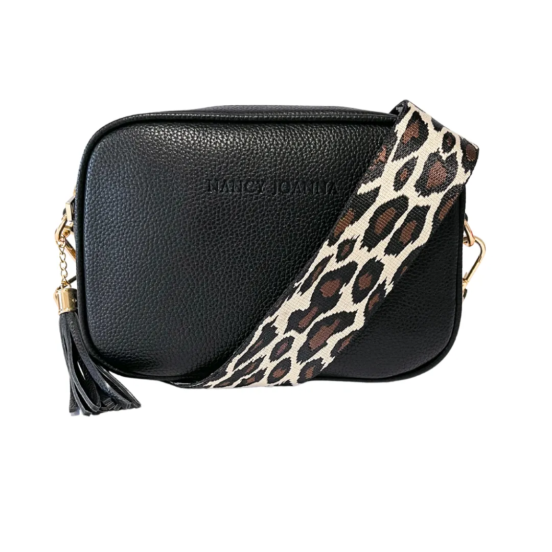 BLACK & CREAM LEOPARD PRINT CROSSBODY STRAP