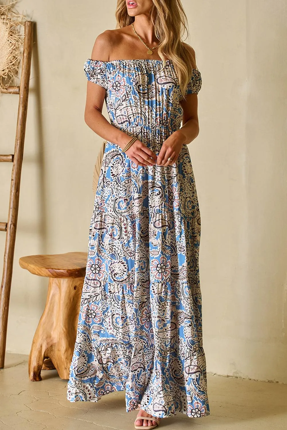 Blue Boho Paisley Print Off Shoulder Hawaiian Maxi Dress