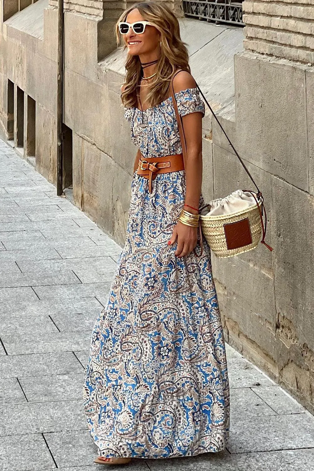 Blue Boho Paisley Print Off Shoulder Hawaiian Maxi Dress