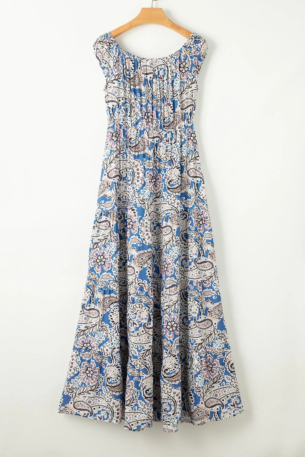 Blue Boho Paisley Print Off Shoulder Hawaiian Maxi Dress