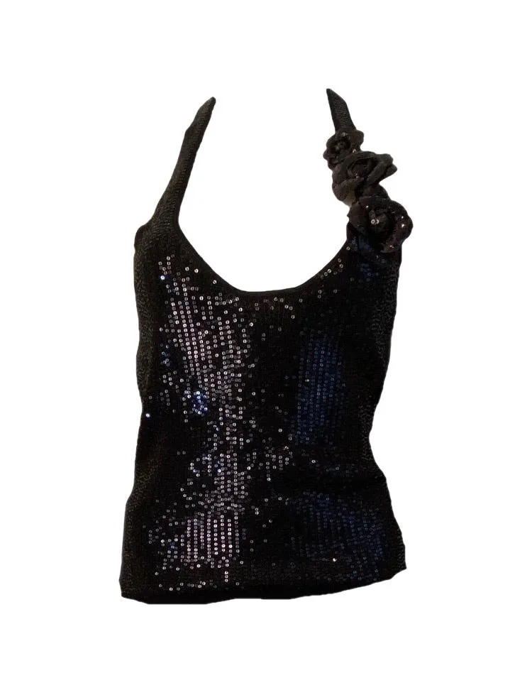 Chanel 08C 2008 Cruise Camellia black sequin top halter blouse FR 36