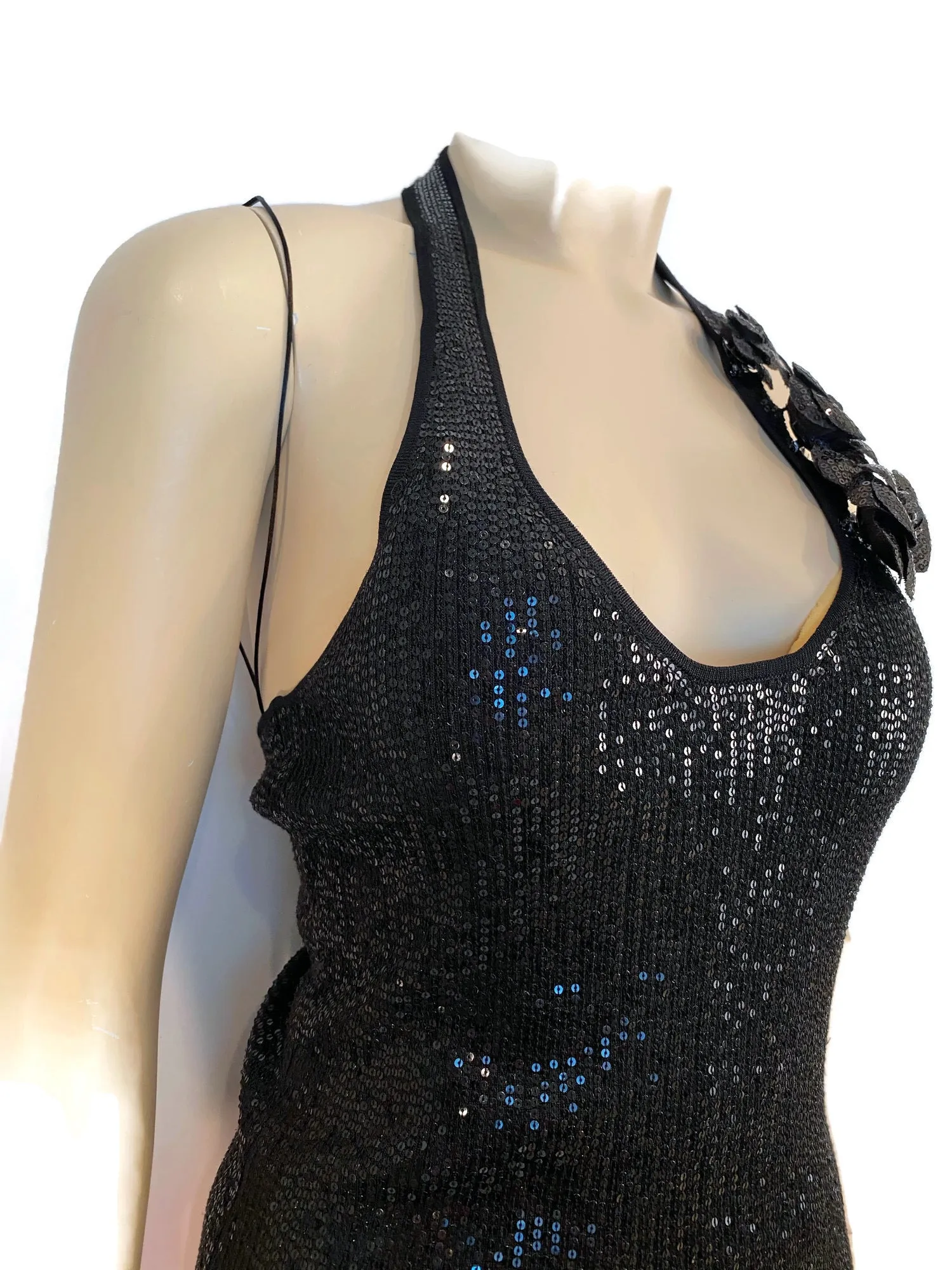 Chanel 08C 2008 Cruise Camellia black sequin top halter blouse FR 36