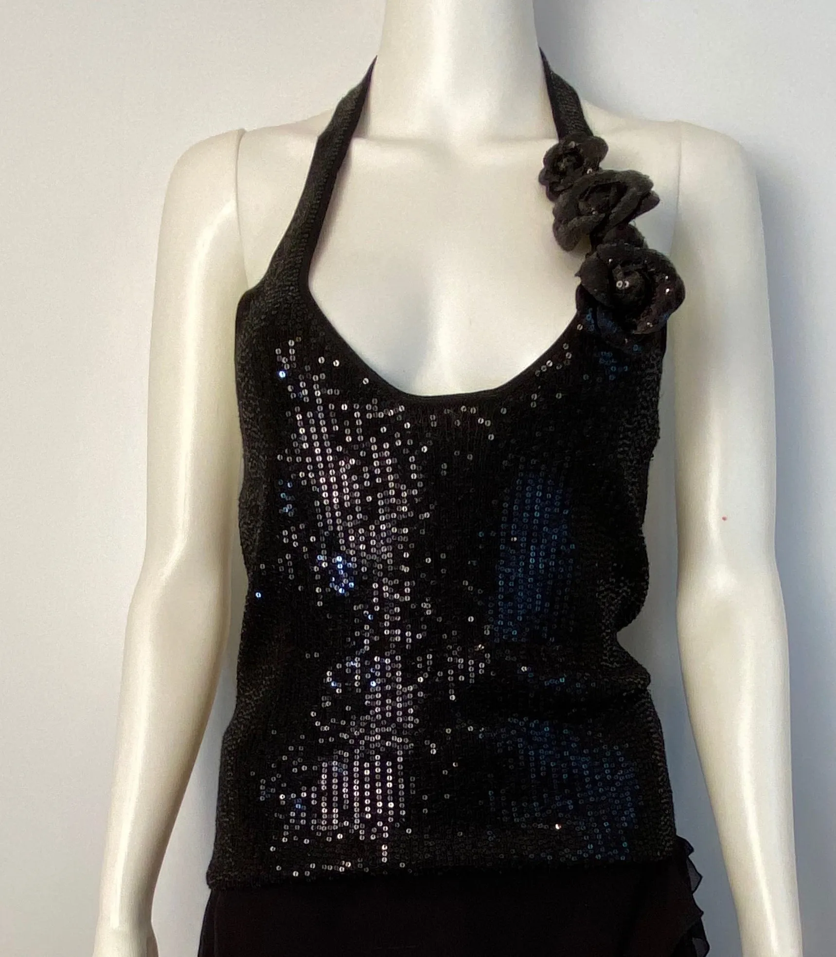 Chanel 08C 2008 Cruise Camellia black sequin top halter blouse FR 36