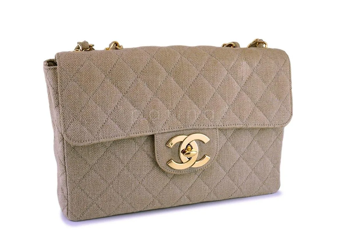 Chanel Beige Vintage Linen Canvas Jumbo Classic Flap Bag 24k GHW