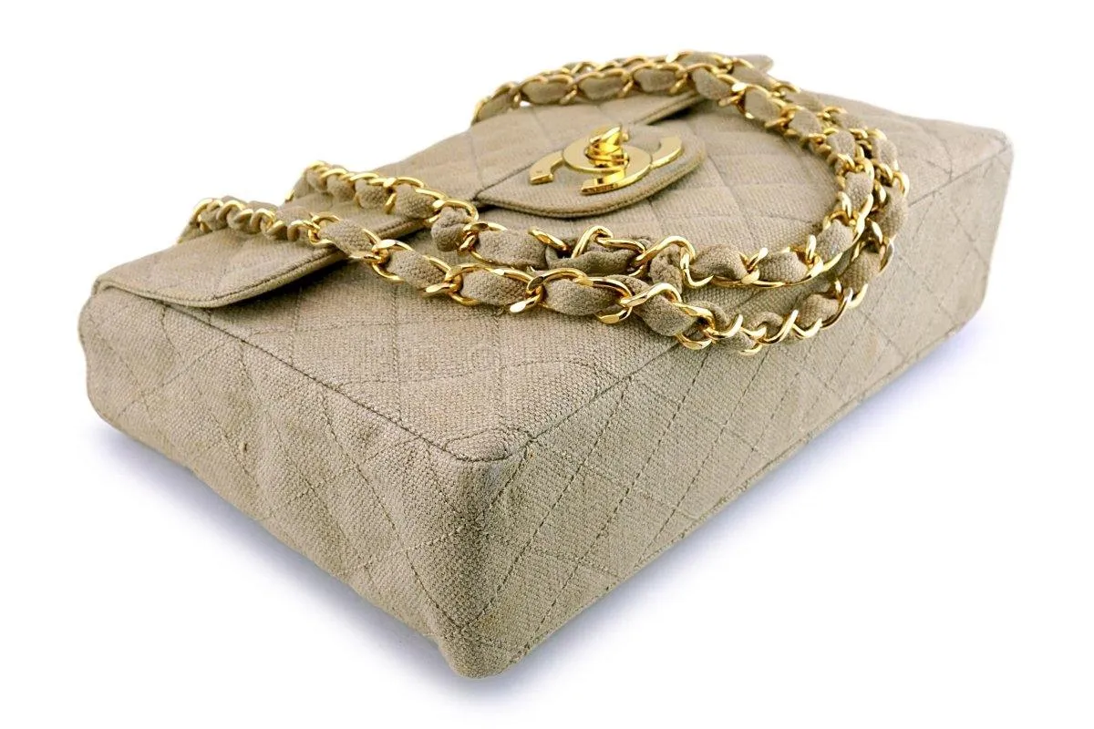 Chanel Beige Vintage Linen Canvas Jumbo Classic Flap Bag 24k GHW