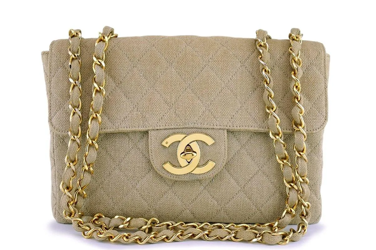 Chanel Beige Vintage Linen Canvas Jumbo Classic Flap Bag 24k GHW