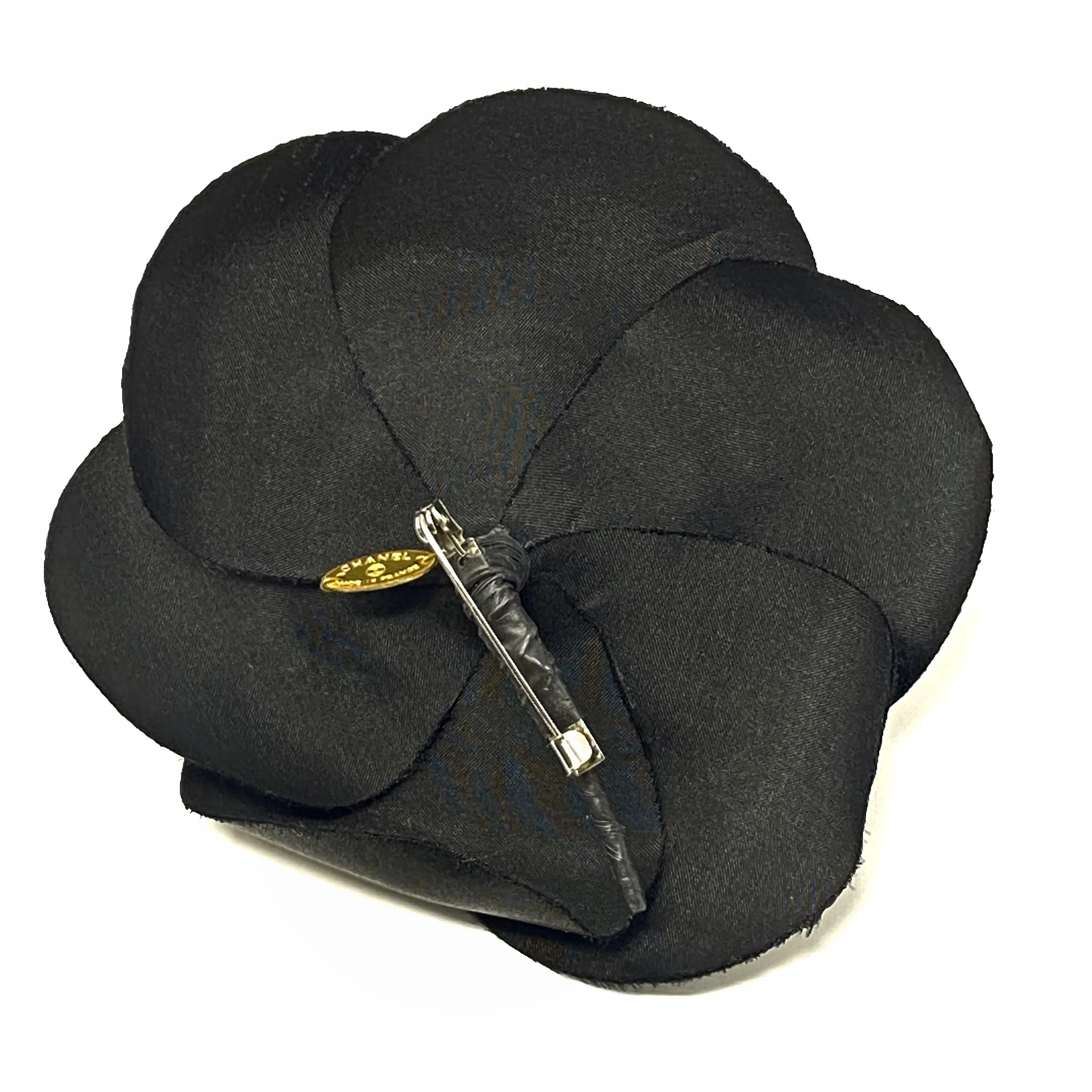 CHANEL Camellia Brooch Pin in Black Silk