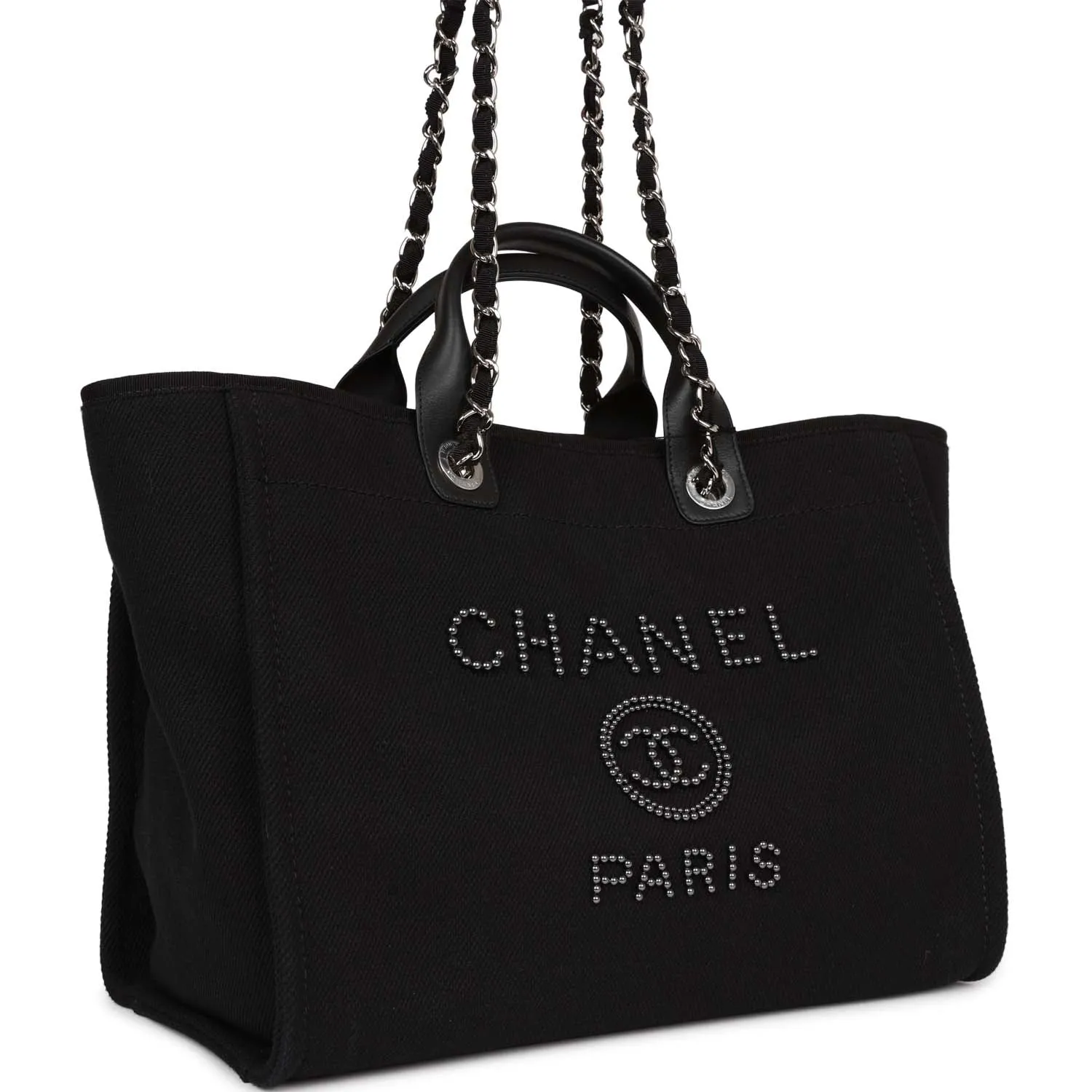 Chanel Large Deauville Shopping Bag Imitation Pearl and Black Canvas Silver Hardware