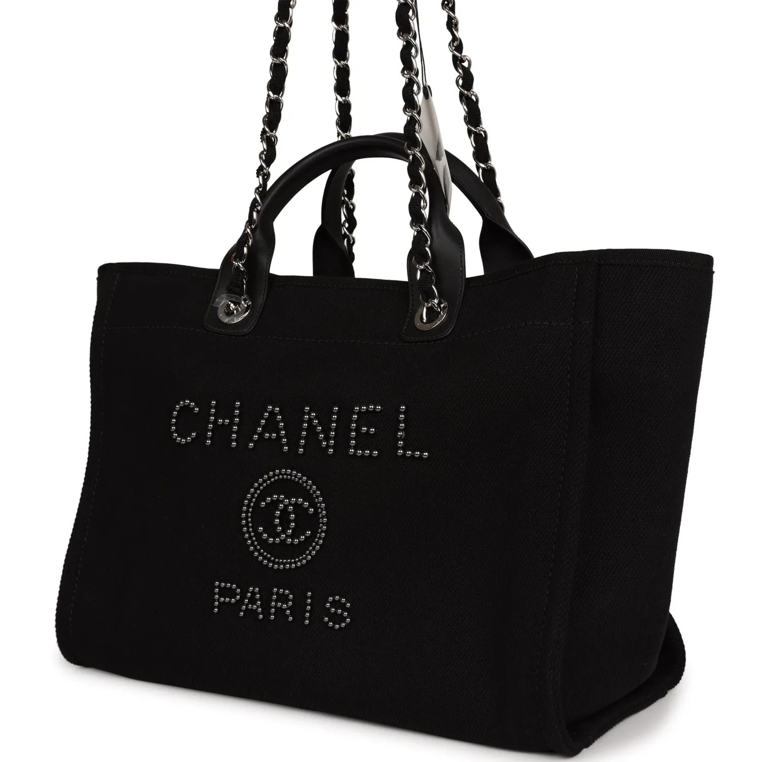 Chanel Large Deauville Shopping Tote Black Canvas Silver Hardware