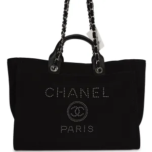 Chanel Large Deauville Shopping Tote Black Canvas Silver Hardware