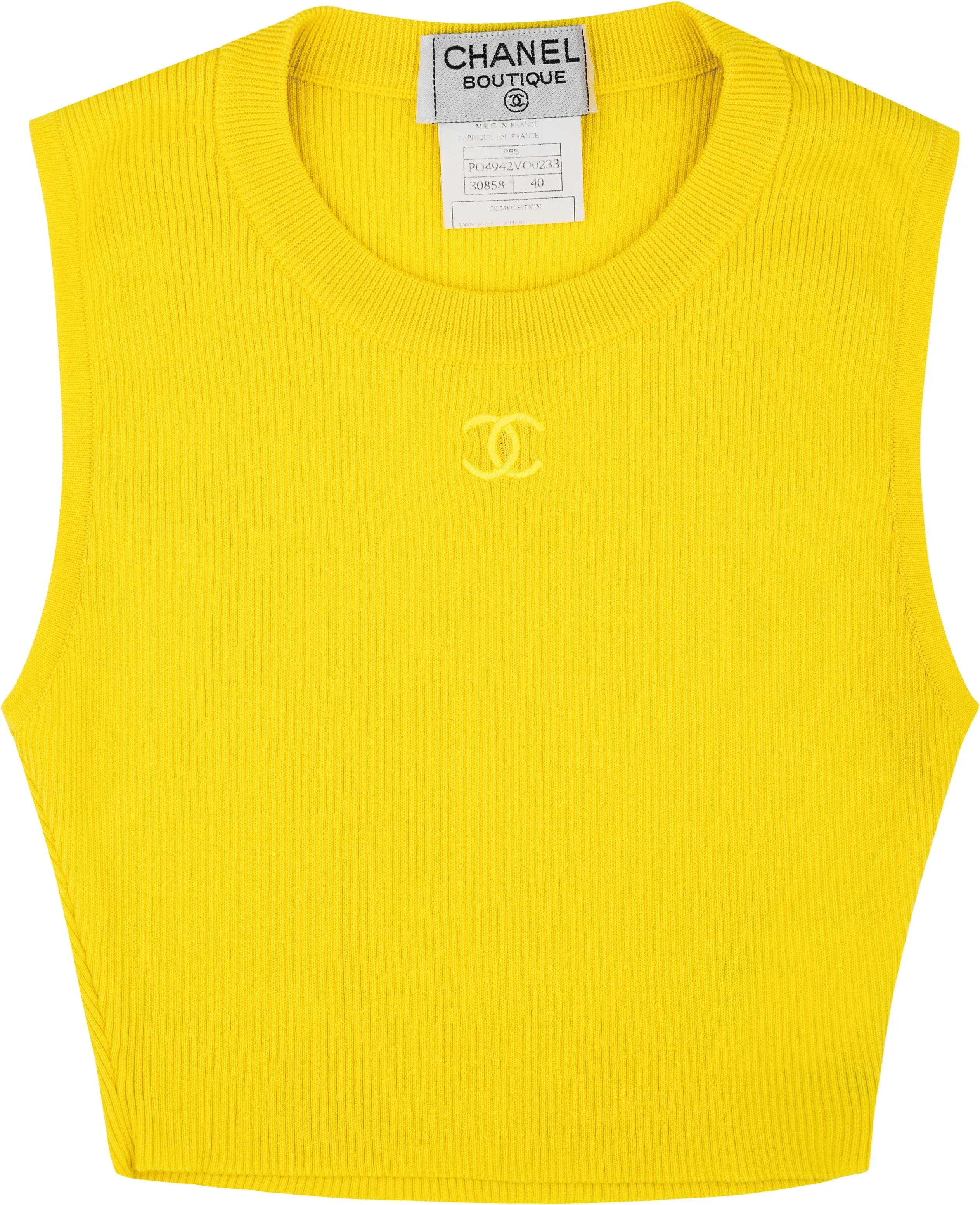 Chanel Spring 1995 Yellow Ribbed Logo Crop Top