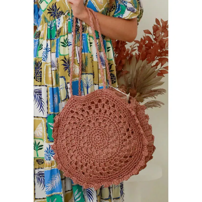 Classic Raffia Tote Bag - Round Dusky Pink