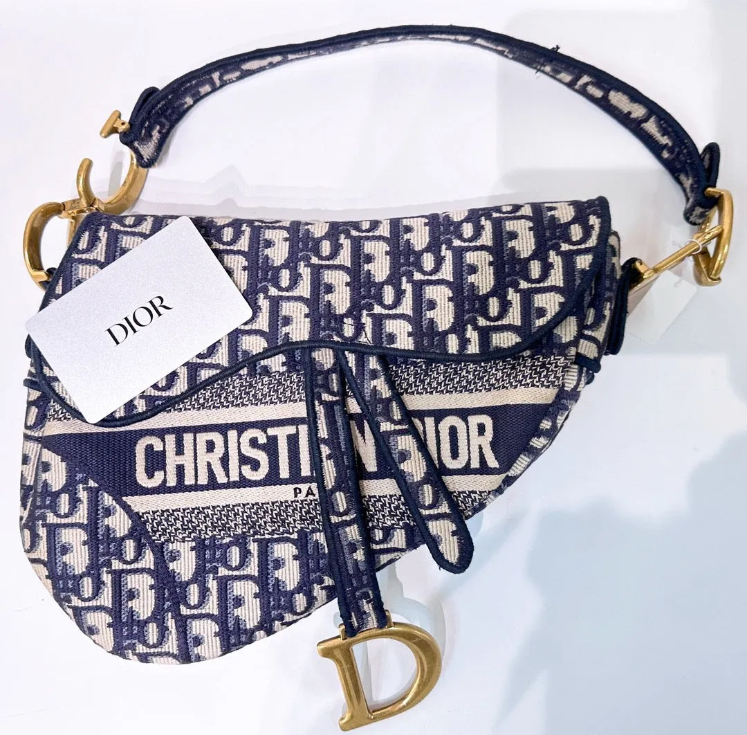 Dior Medium Saddle Bag in Dark Blue Oblique Canvas AGHW 2021 Card db