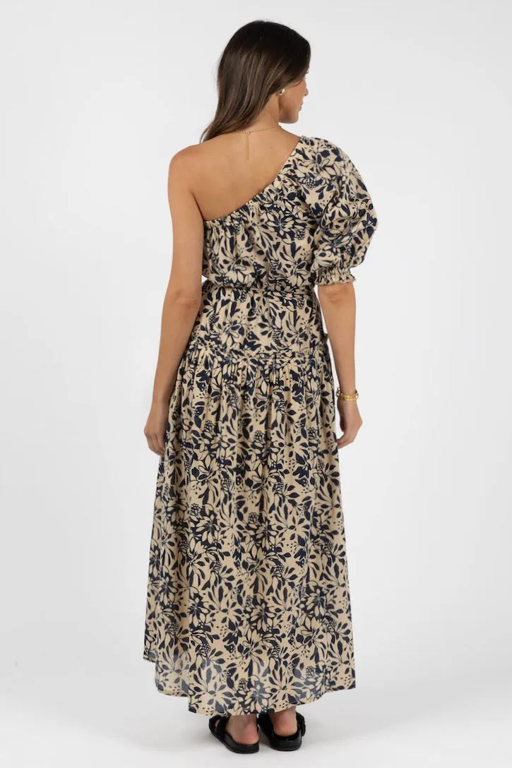 Eden Navy Print One Shoulder Midi Dress