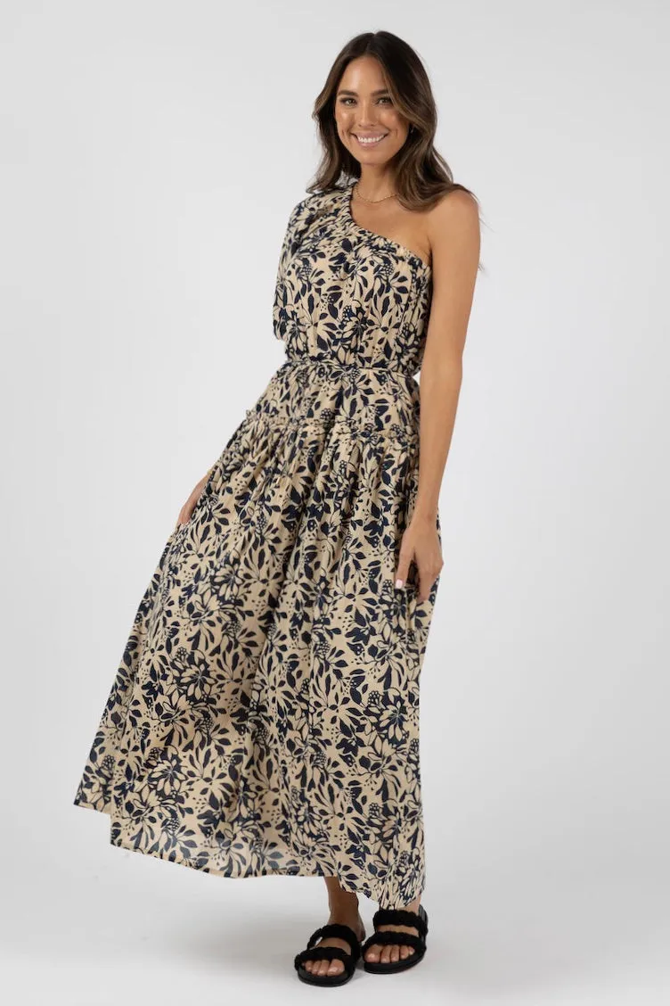 Eden Navy Print One Shoulder Midi Dress