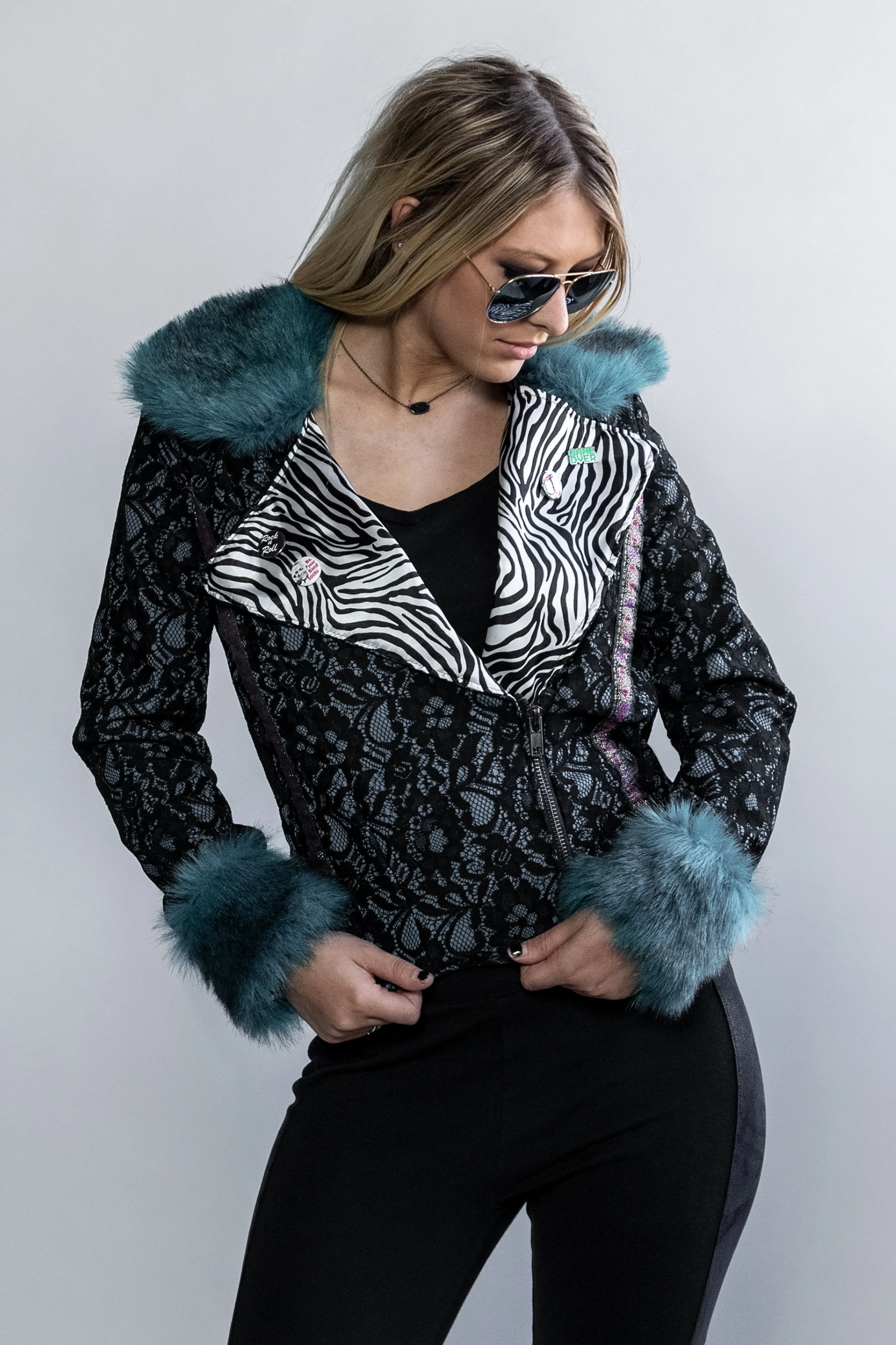 Forgotten Saints LA "Night at the Opera" Lace Motorcyle Jacket with Faux Fur Collar