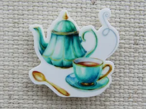 Greenish Blue Tea Pot and Cup Set Needle Minder, Cover Minder, Magnet