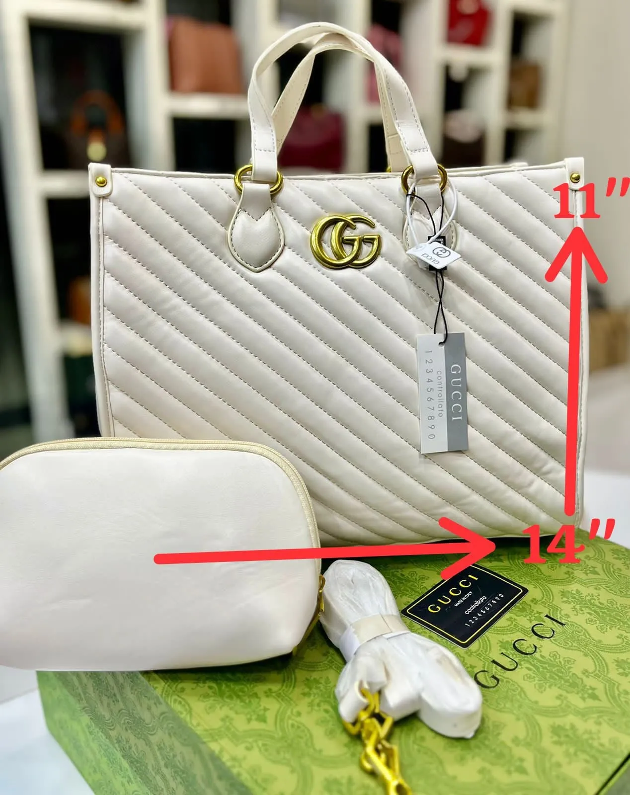 GUCCI GG MARMONT CHAIN Leather Women Bag Tote Set (White)