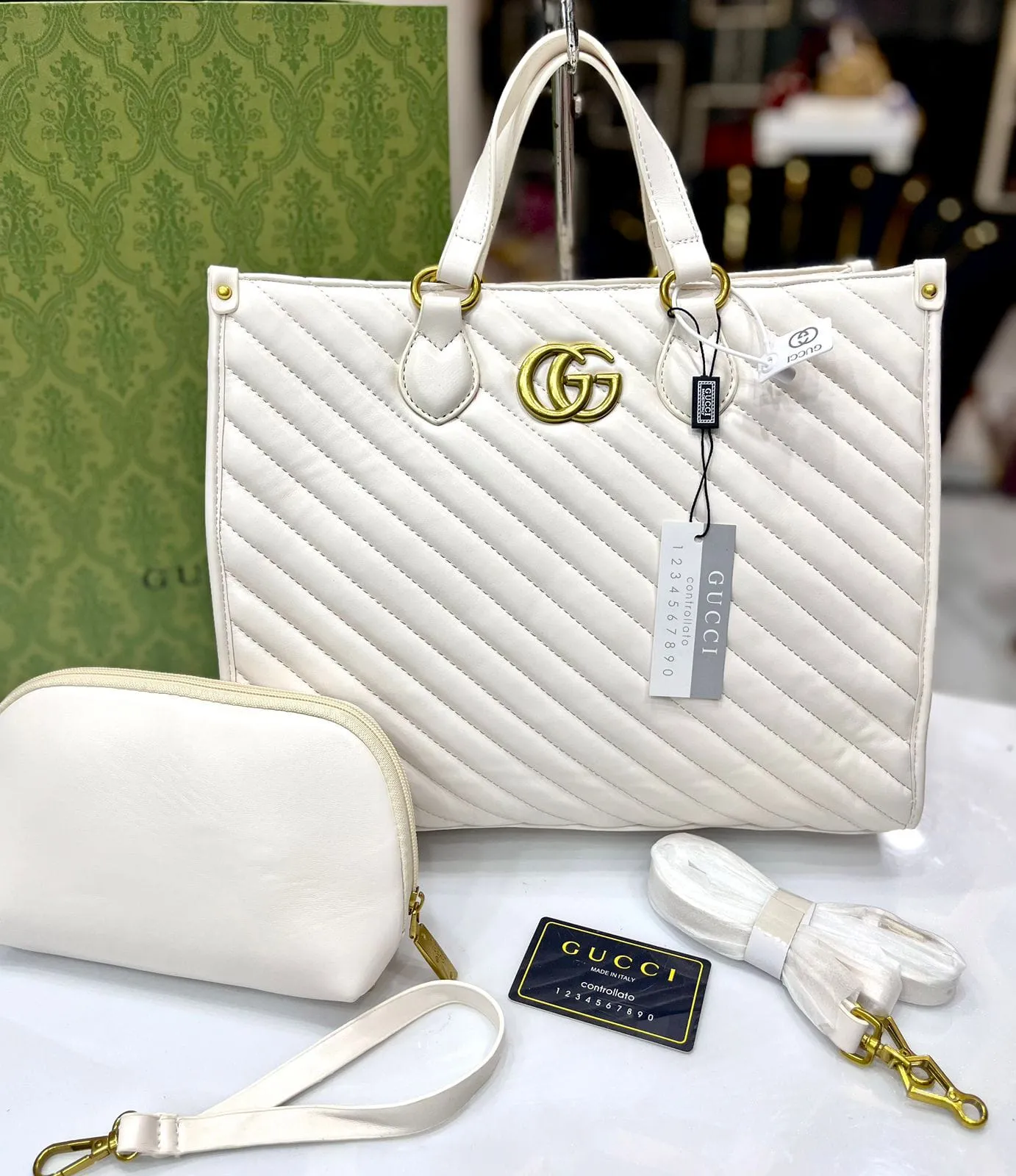 GUCCI GG MARMONT CHAIN Leather Women Bag Tote Set (White)