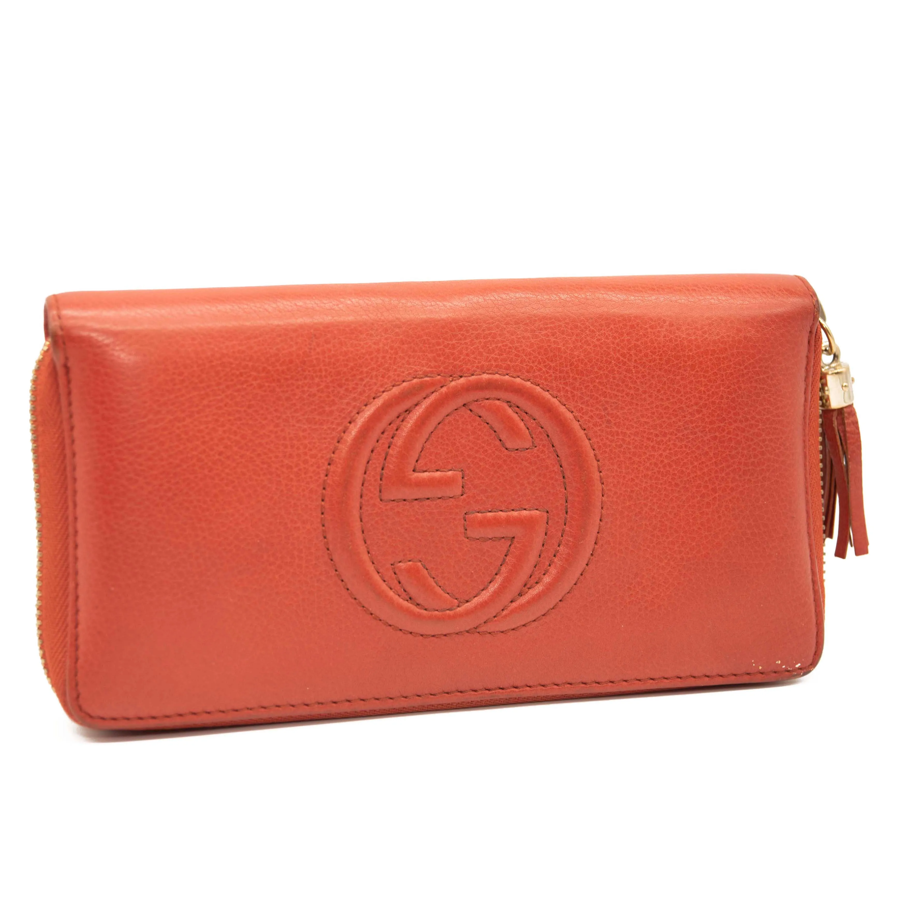 Gucci Pebbled Calfskin Soho Zip Around Wallet Red Burnt Orange