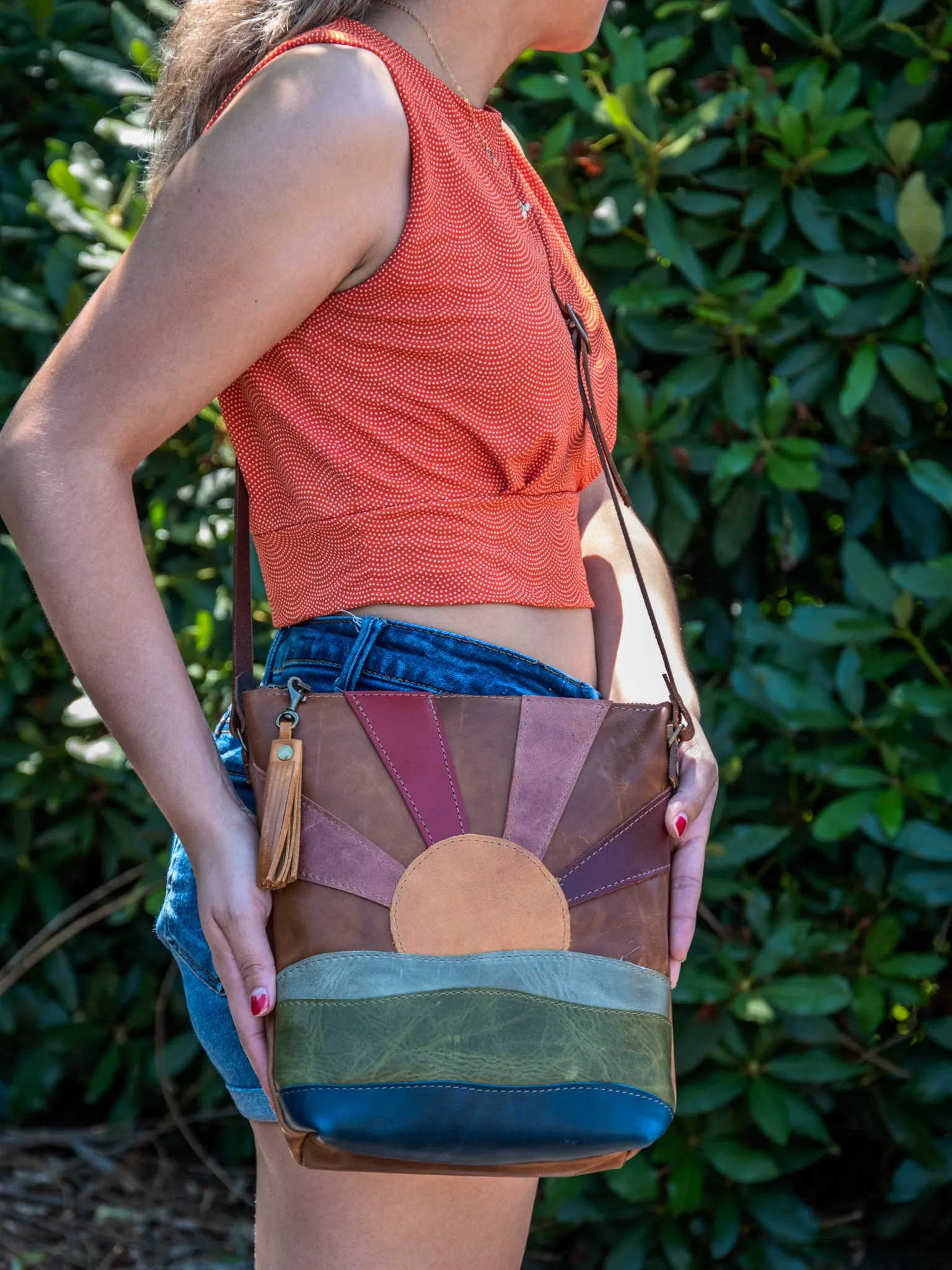 Handmade Tote Leather Bag | Small North South Tote | Chestnut Mountain to Ocean Mini