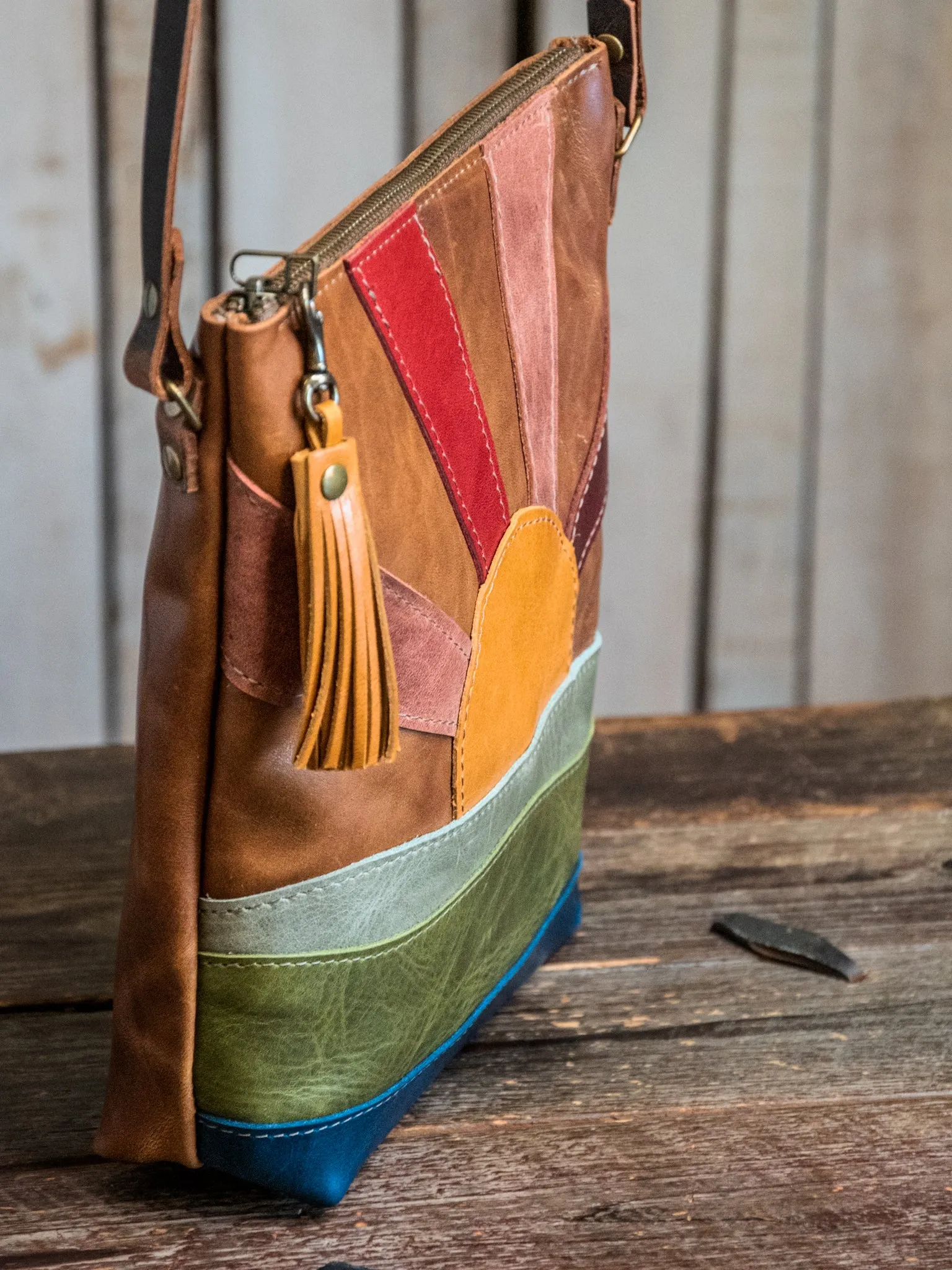 Handmade Tote Leather Bag | Small North South Tote | Chestnut Mountain to Ocean Mini