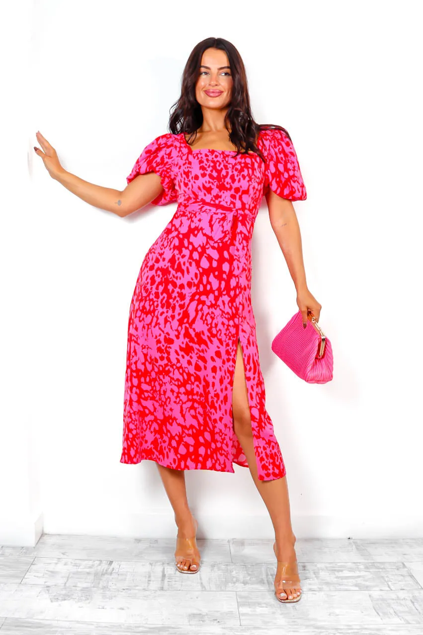 Last But Not Least - Pink Red Abstract Floral Midi Dress