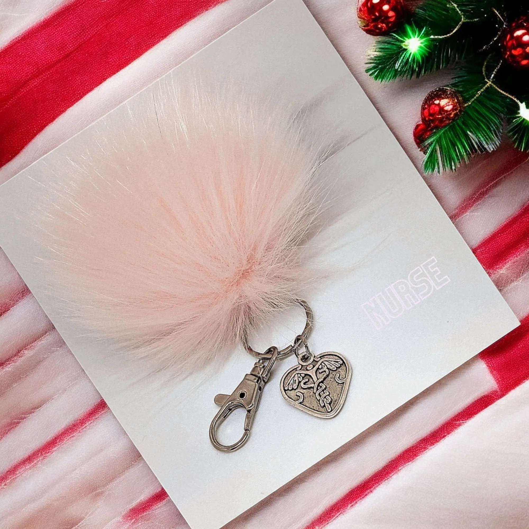 Nurse-Medical Worker Keychain/Faux Fur Pom Pom Charm Key Chain-Purse Charm/Journal Charm