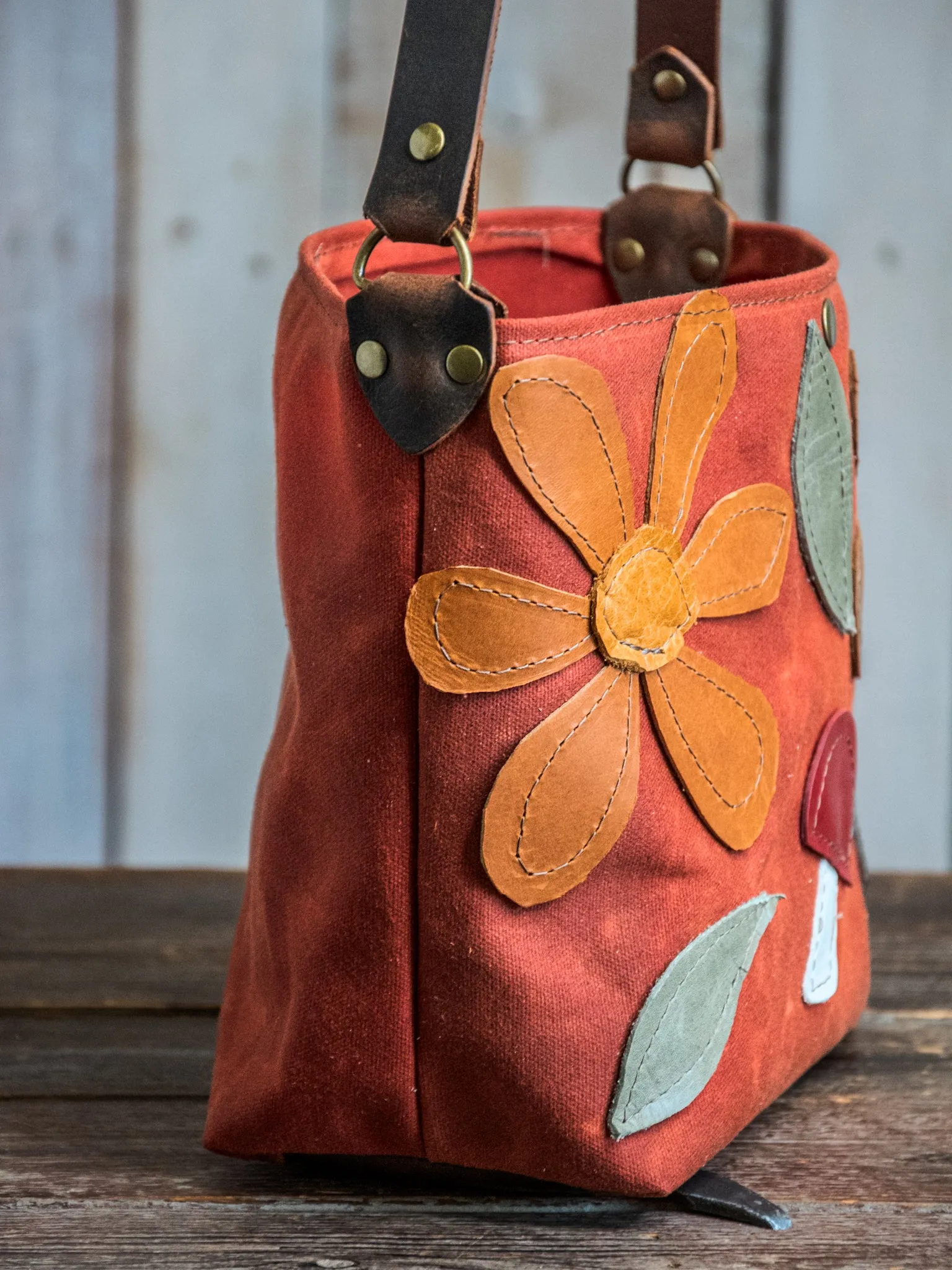 Ready to Ship | Handmade Leather and waxed canvas Tote Bag | Shortie rust snap Bag | One of a Kind | mushroom floral