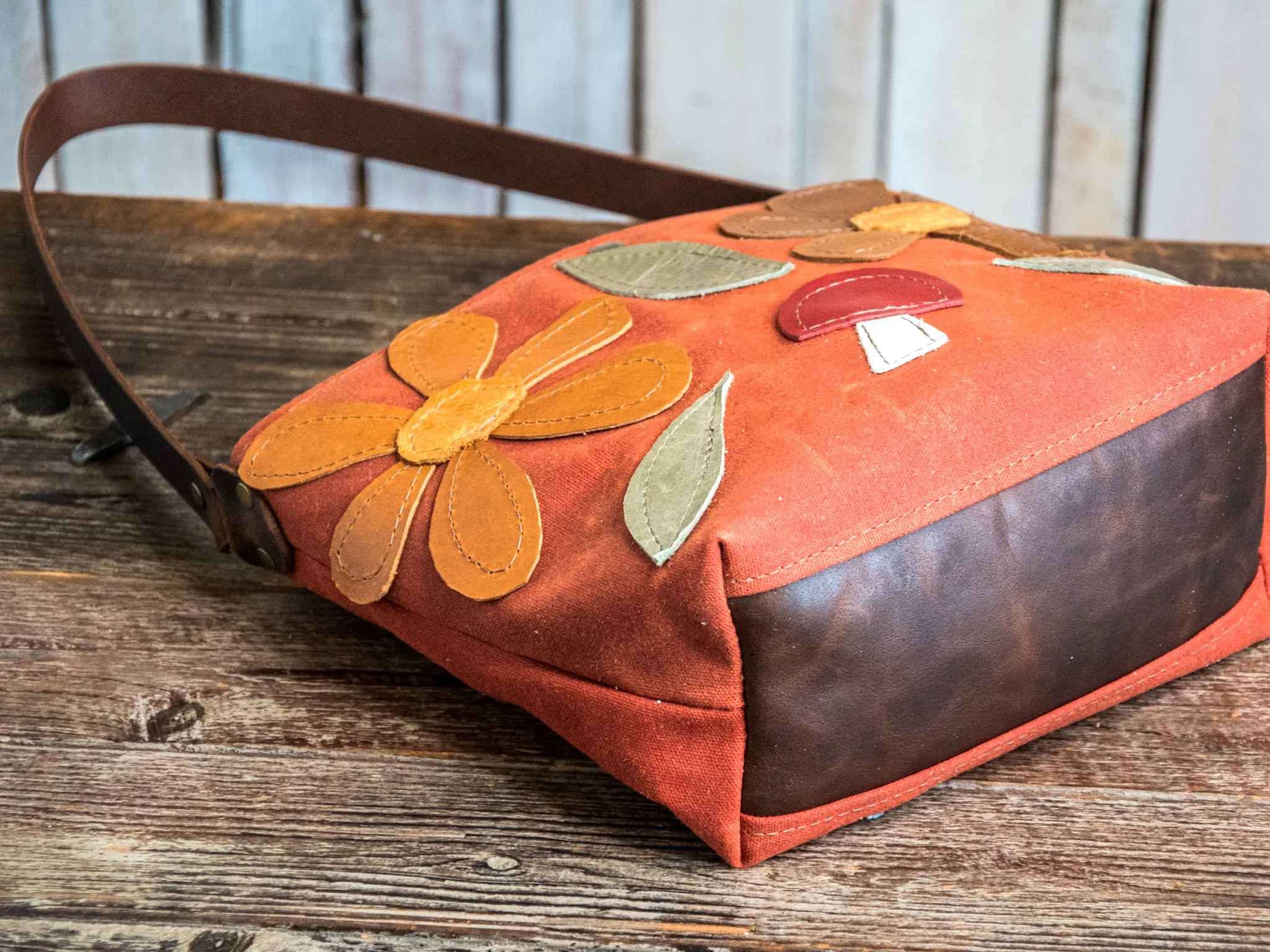 Ready to Ship | Handmade Leather and waxed canvas Tote Bag | Shortie rust snap Bag | One of a Kind | mushroom floral