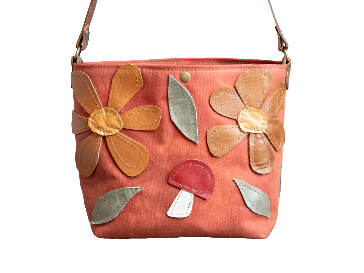 Ready to Ship | Handmade Leather and waxed canvas Tote Bag | Shortie rust snap Bag | One of a Kind | mushroom floral