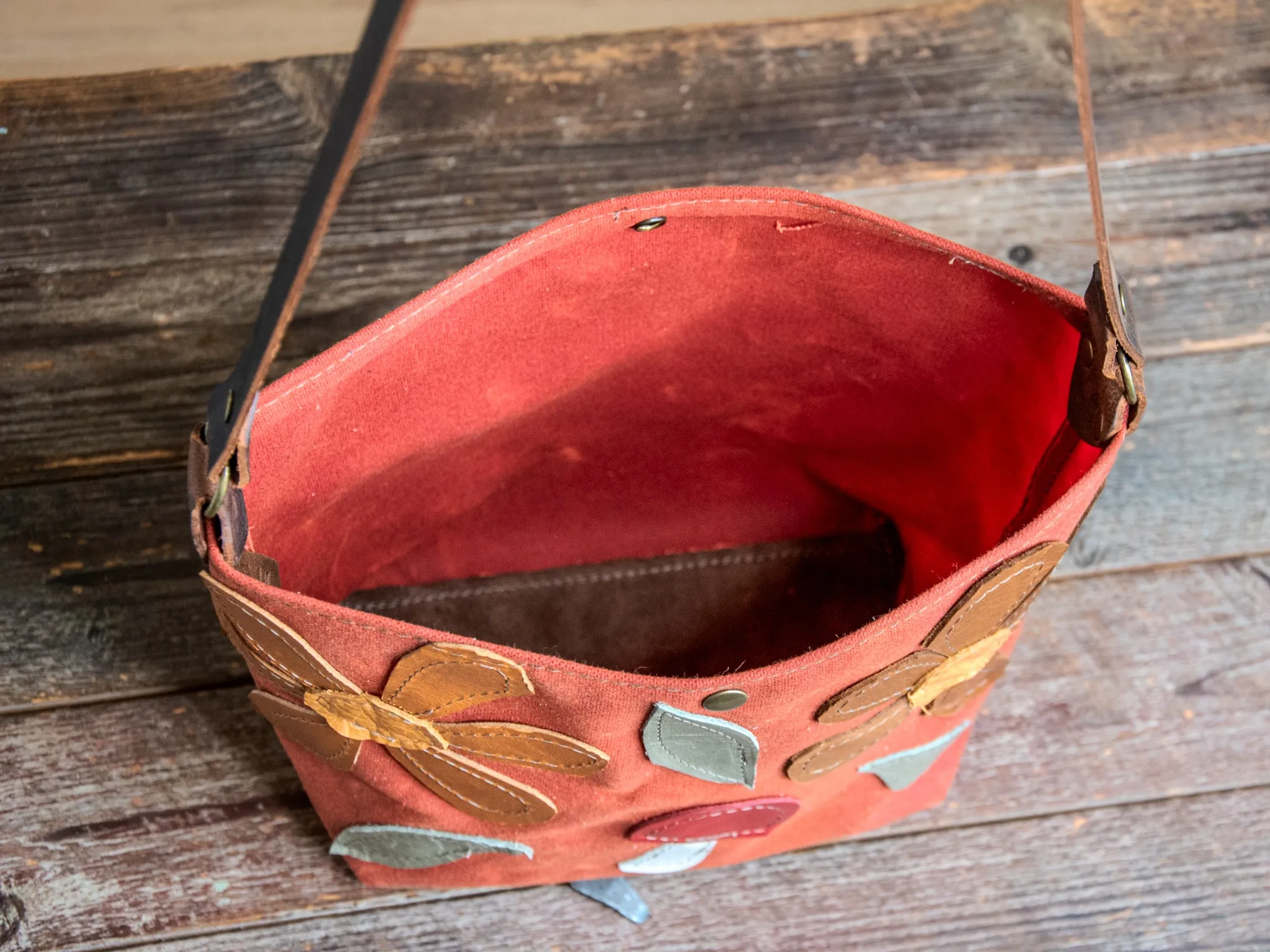 Ready to Ship | Handmade Leather and waxed canvas Tote Bag | Shortie rust snap Bag | One of a Kind | mushroom floral