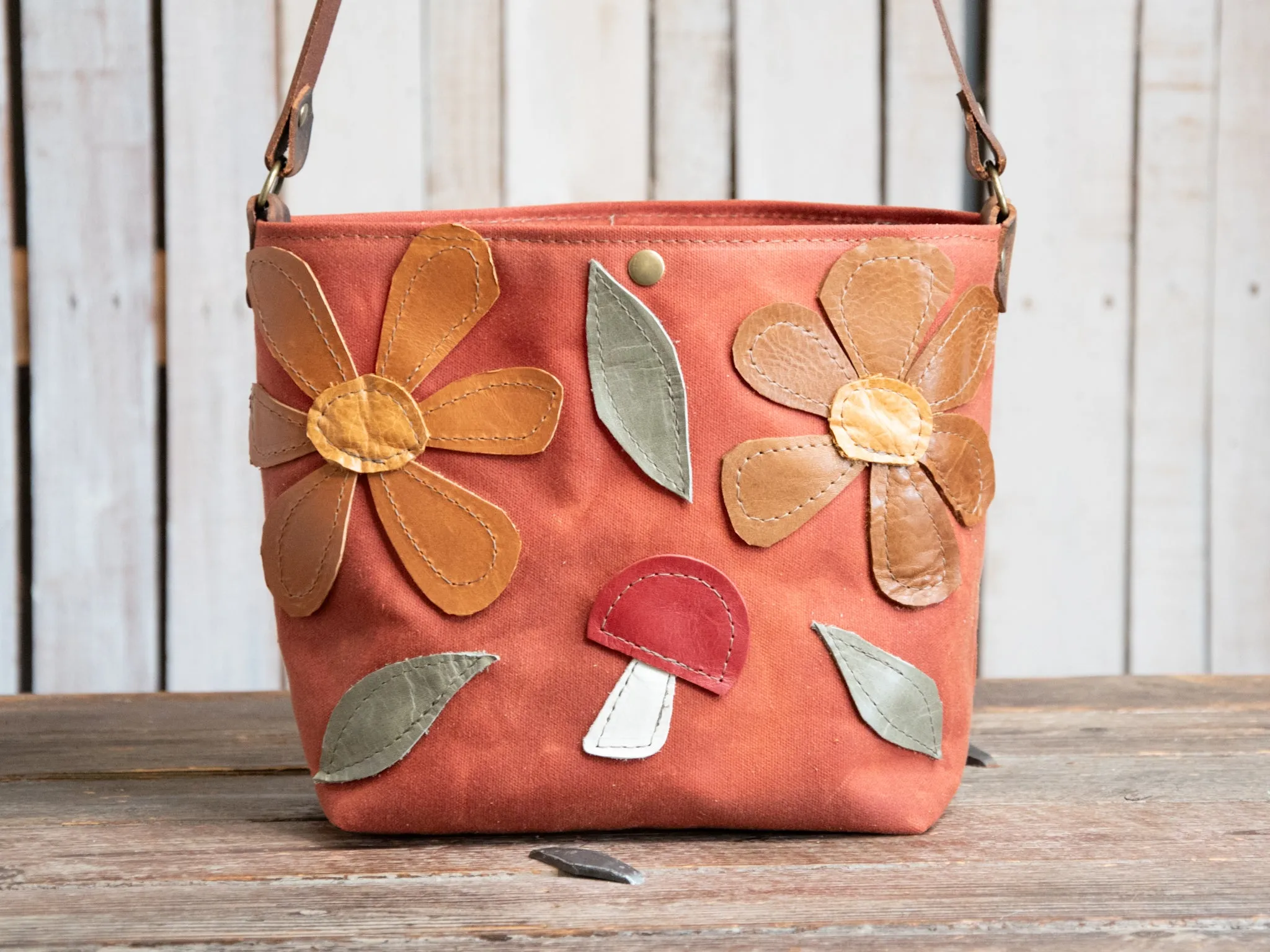 Ready to Ship | Handmade Leather and waxed canvas Tote Bag | Shortie rust snap Bag | One of a Kind | mushroom floral