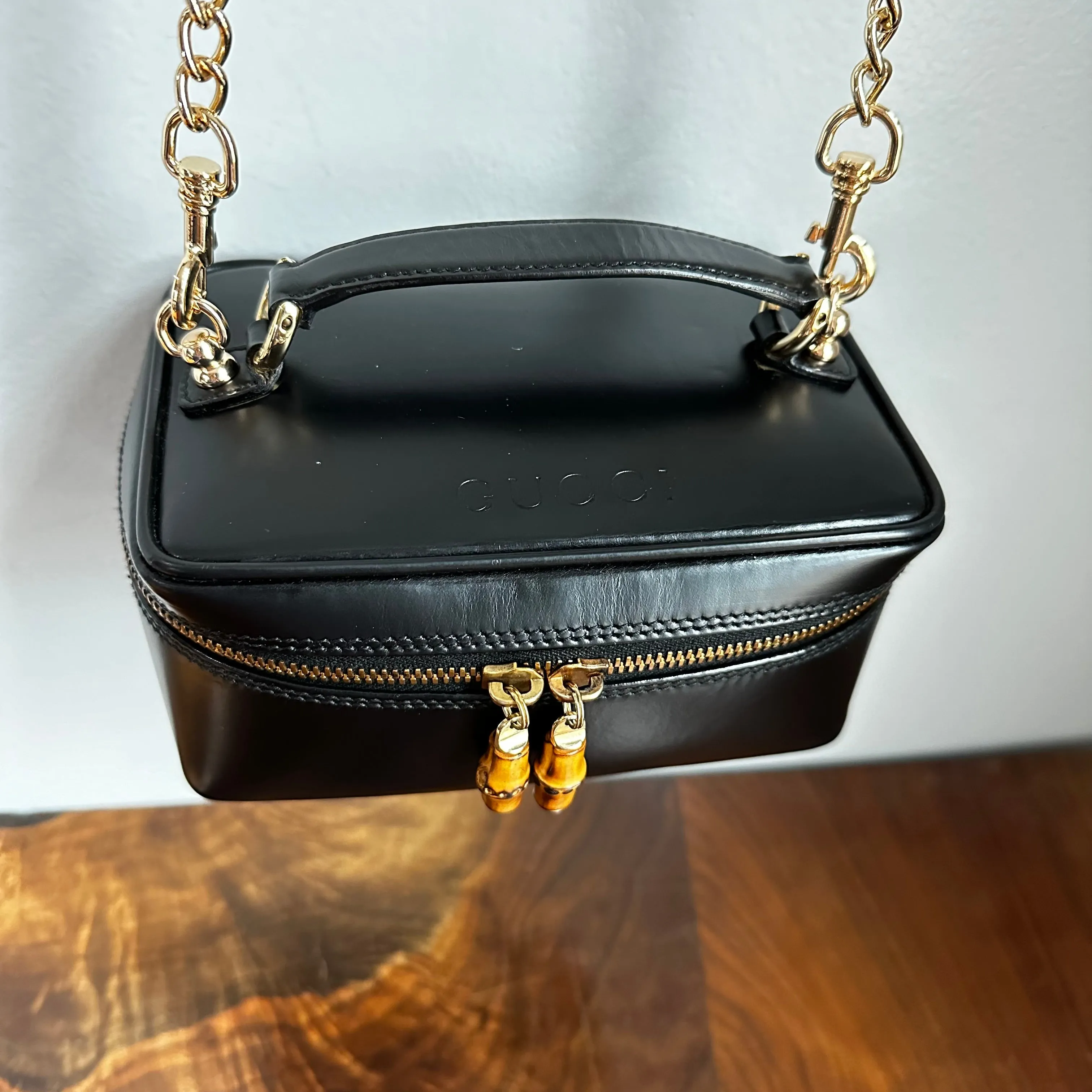 The Junco Crossbody/Clutch - Vintage Gucci Bamboo Cosmetic Bag in Black Leather