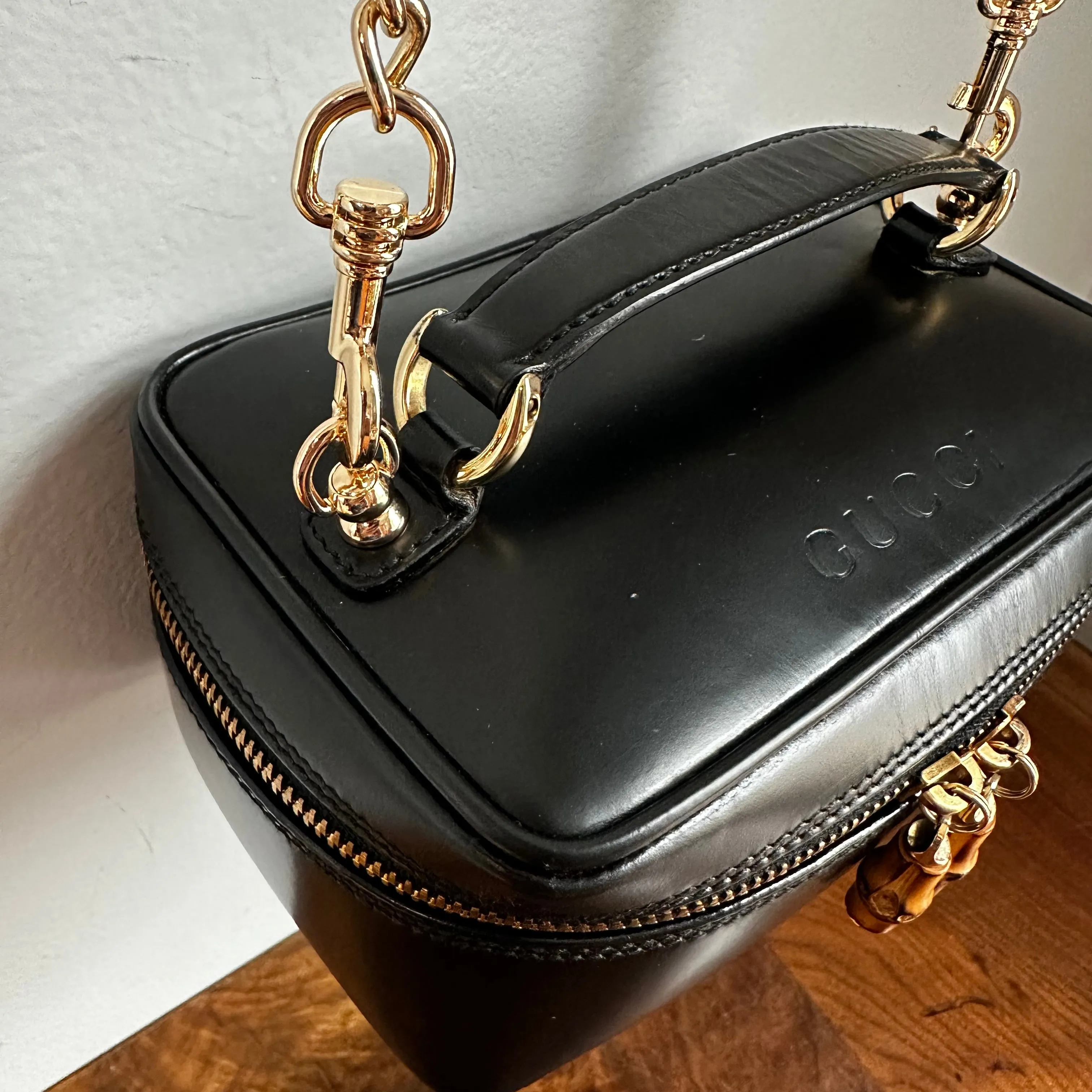 The Junco Crossbody/Clutch - Vintage Gucci Bamboo Cosmetic Bag in Black Leather