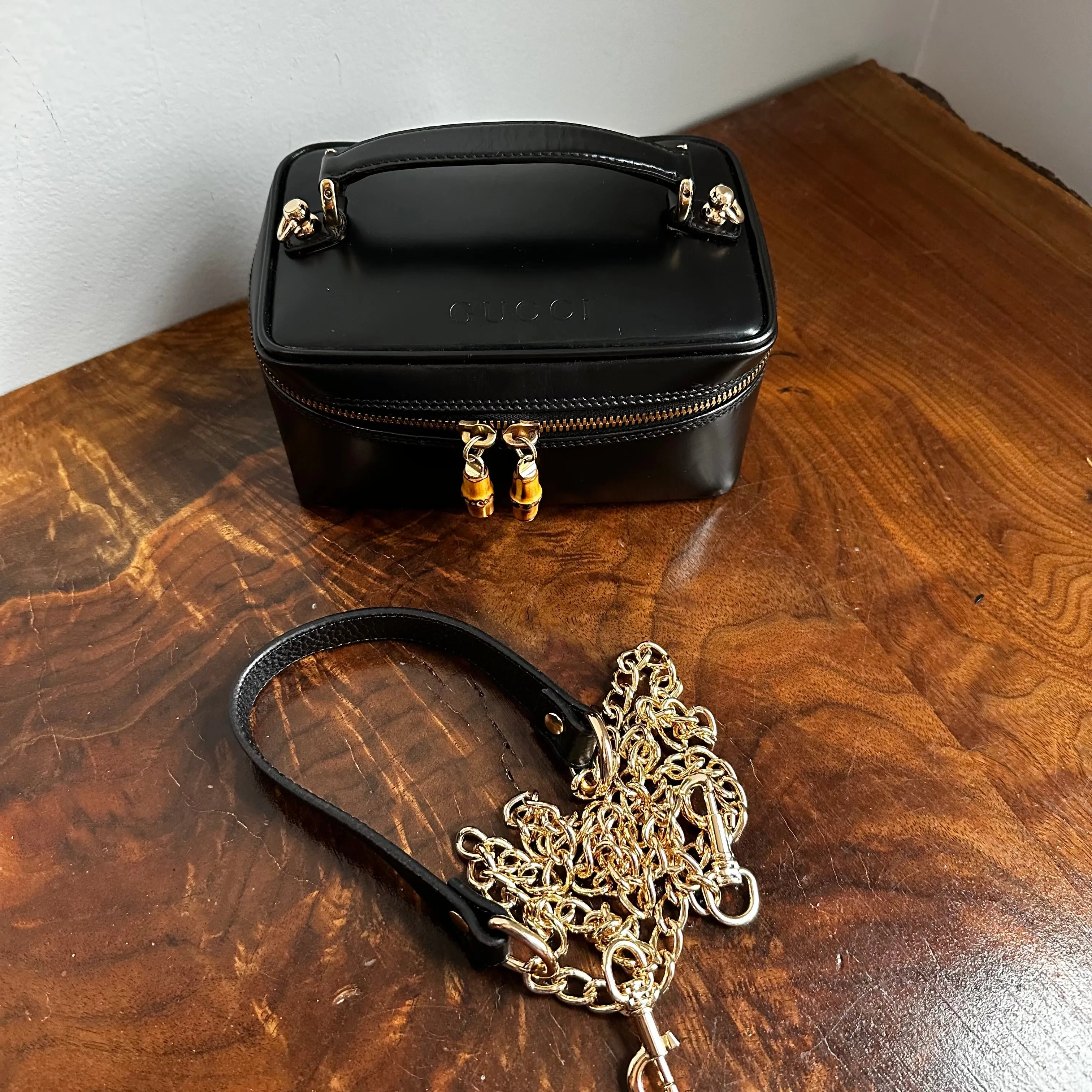 The Junco Crossbody/Clutch - Vintage Gucci Bamboo Cosmetic Bag in Black Leather