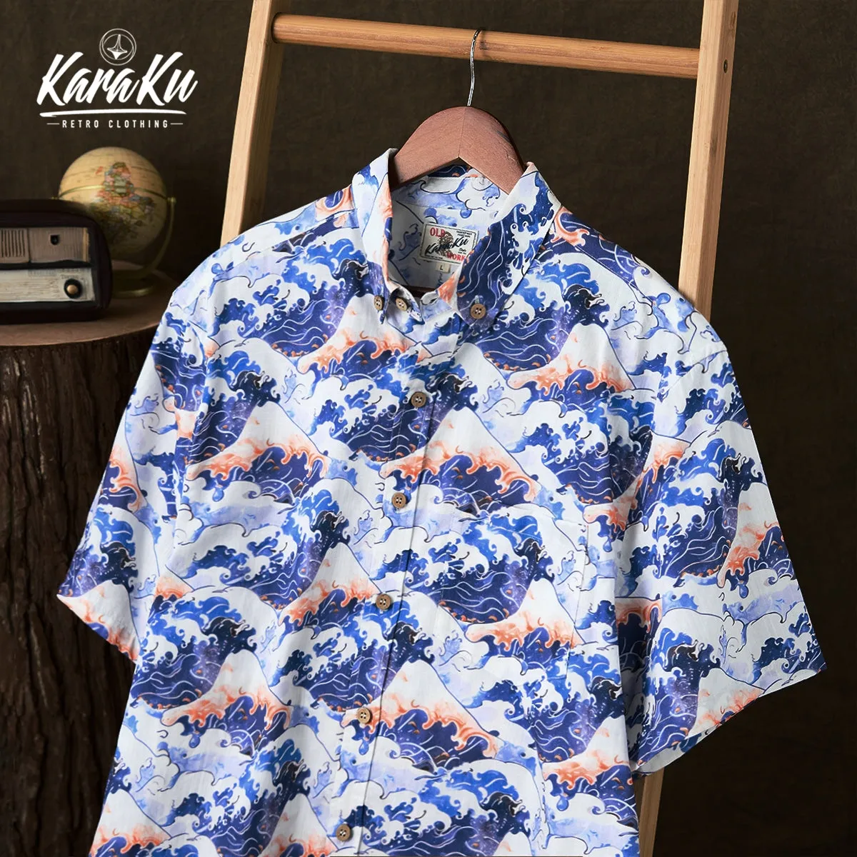 Ukiyo-e Inspired Volcanoes & Waves Cotton Shirt