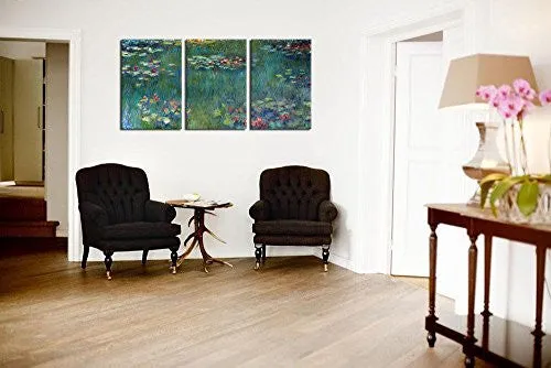 WATER LILIES BY CLAUDE MONET OIL PAINTING CANVAS PRINTS WALL ART DECOR FRAMED READY TO HANG - 3 PANEL LARGE SIZE 30 BY 60 INCH MODERN GICLEE ART WORK FOR HOME OFFICE LIVING ROOM BEDROOM DECORATION