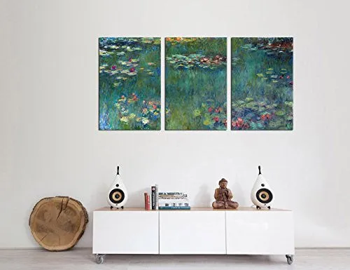 WATER LILIES BY CLAUDE MONET OIL PAINTING CANVAS PRINTS WALL ART DECOR FRAMED READY TO HANG - 3 PANEL LARGE SIZE 30 BY 60 INCH MODERN GICLEE ART WORK FOR HOME OFFICE LIVING ROOM BEDROOM DECORATION